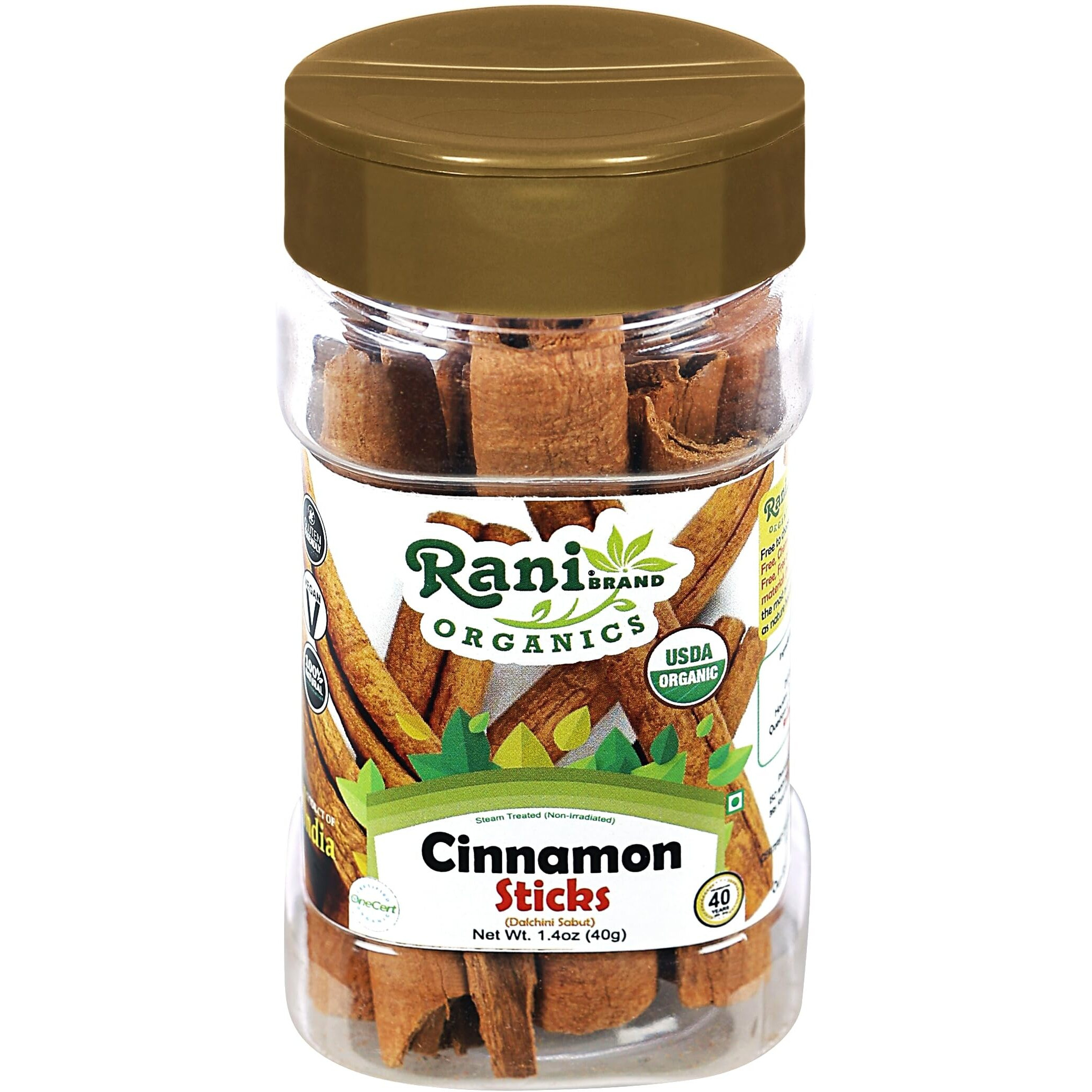 Rani Organic Cinnamon Sticks 1.4oz (40g) PET Jar - 7-9 Sticks - Strong Aroma, Perfect for Baking, Cooking & Beverages, 3+ Inches Length - Cassia Saigon Cinnamon from Vietnam, Kosher