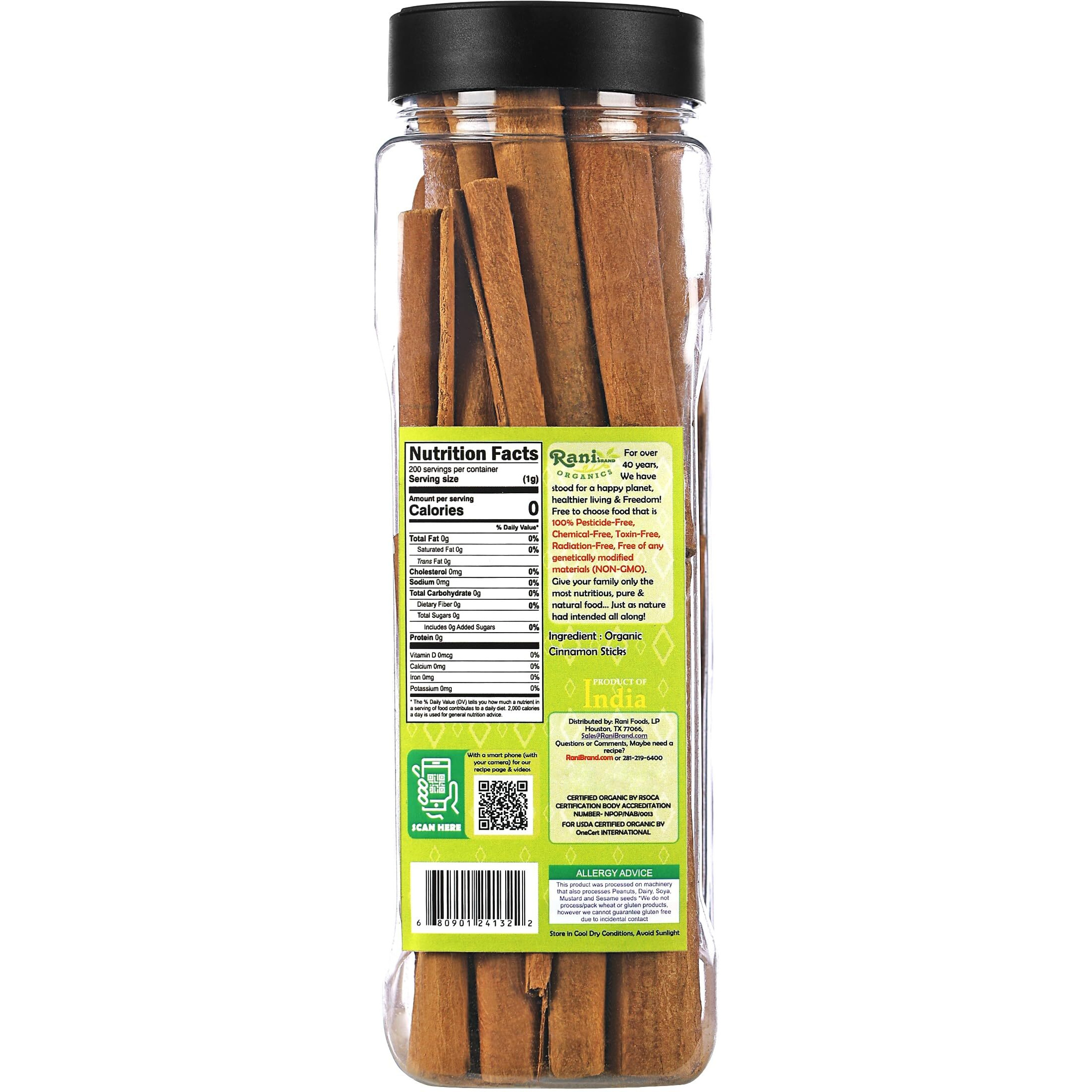 Rani Organic Cinnamon Sticks 7oz (200g) PET Jar - 36-44 Sticks - Strong Aroma, Perfect for Baking, Cooking & Beverages, 3+ Inches Length - Cassia Saigon Cinnamon from Vietnam, Kosher