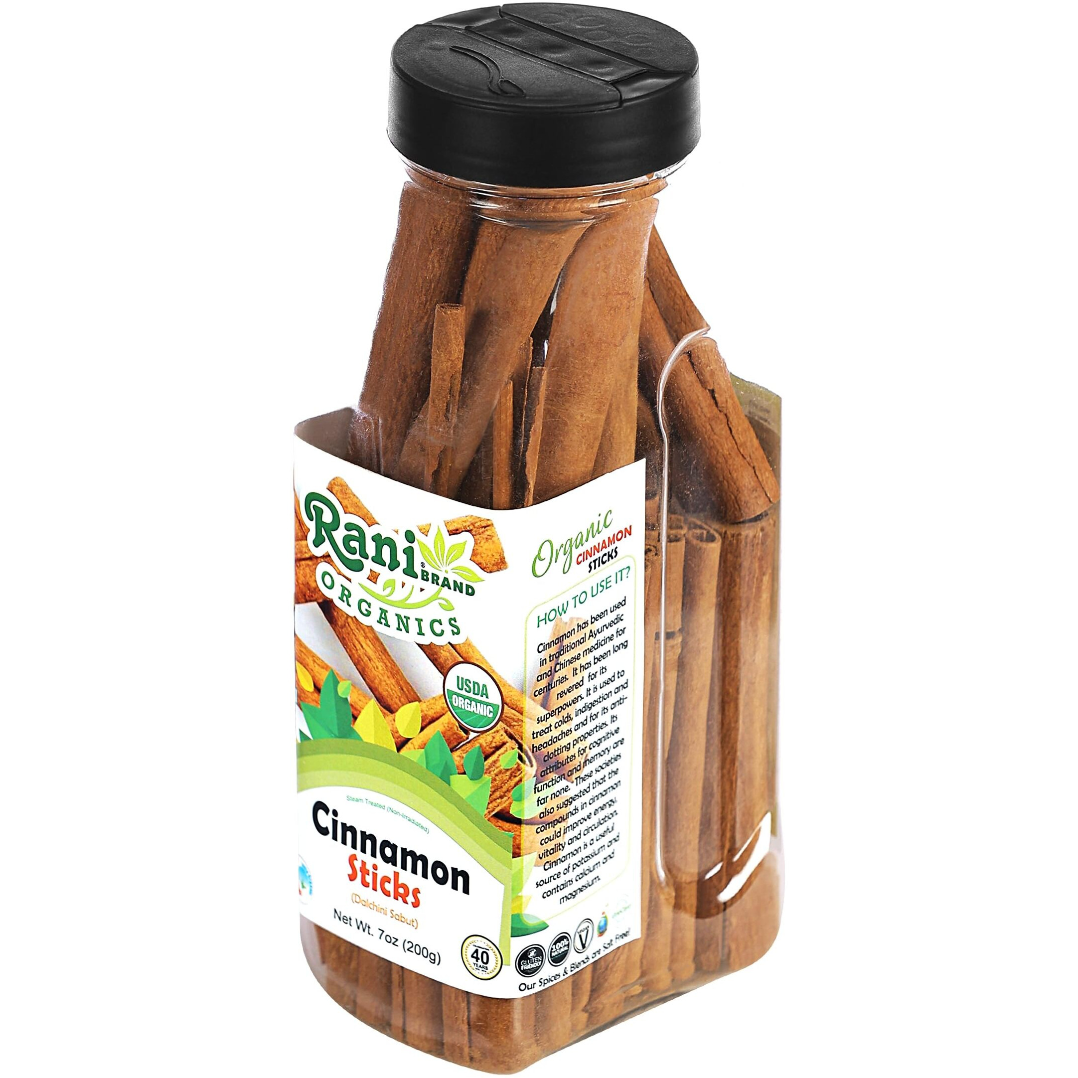 Rani Organic Cinnamon Sticks 7oz (200g) PET Jar - 36-44 Sticks - Strong Aroma, Perfect for Baking, Cooking & Beverages, 3+ Inches Length - Cassia Saigon Cinnamon from Vietnam, Kosher