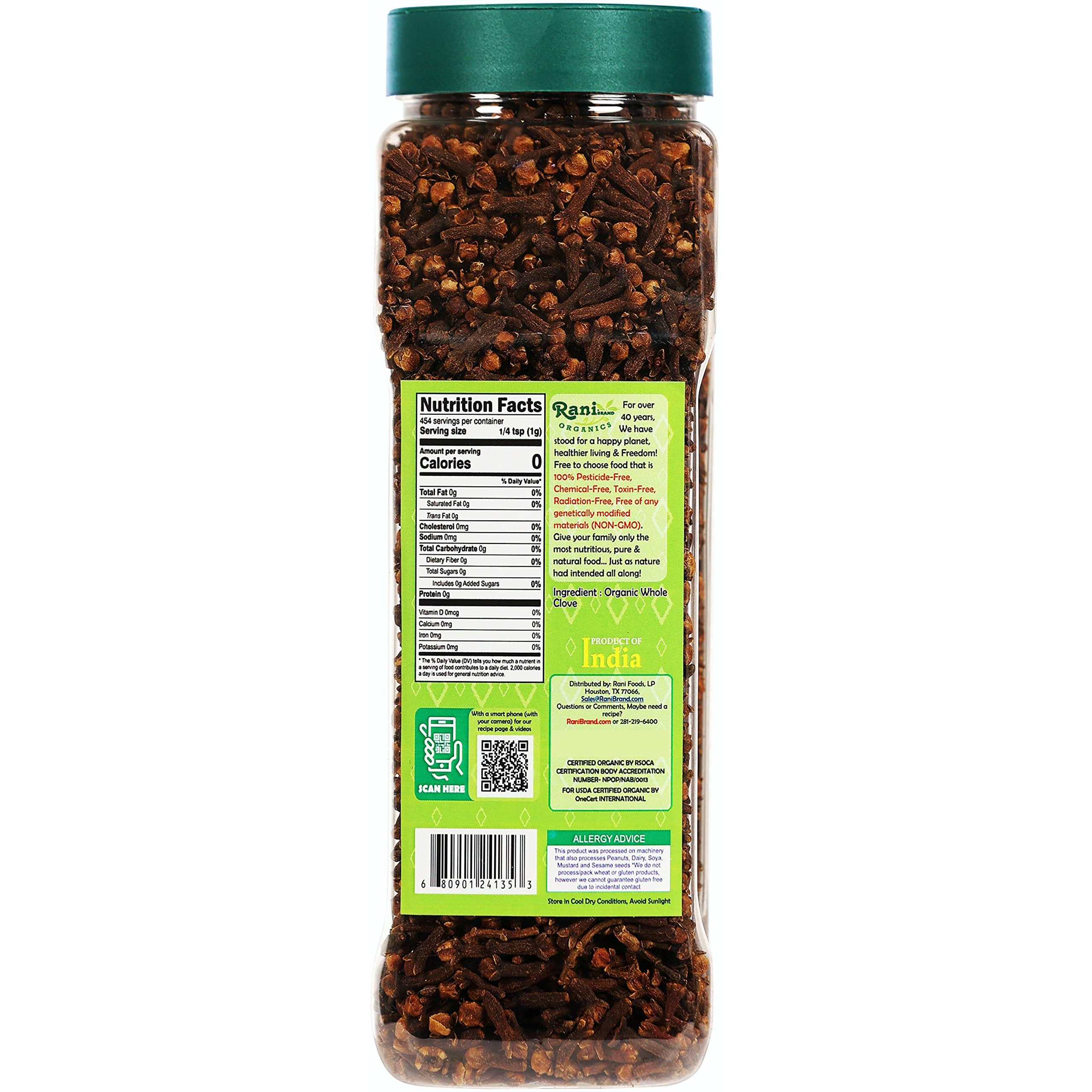 Rani Organic Cloves Whole (Laung Sabut) 12oz (340g) PET Jar, Great for Food, Tea, Pomander Balls and Potpourri ~ All Natural, Vegan, Gluten Friendly, Indian Origin, USDA Certified Organic