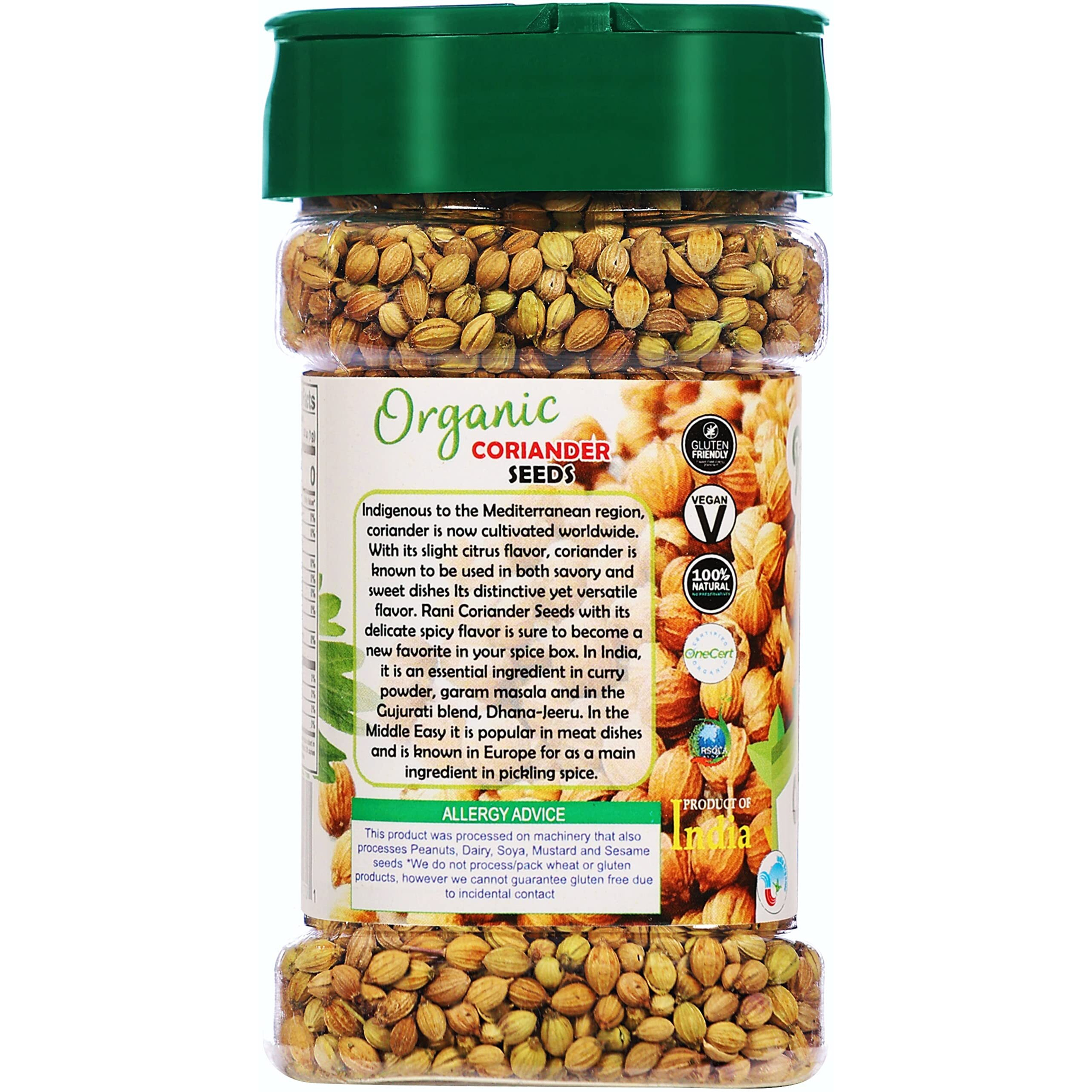 Rani Organic Coriander Seeds Whole (Dhania Sabut) 1.5oz (42g) PET Jar ~ All Natural, Vegan, Gluten Friendly, NON-GMO, Indian Origin, USDA Certified Organic