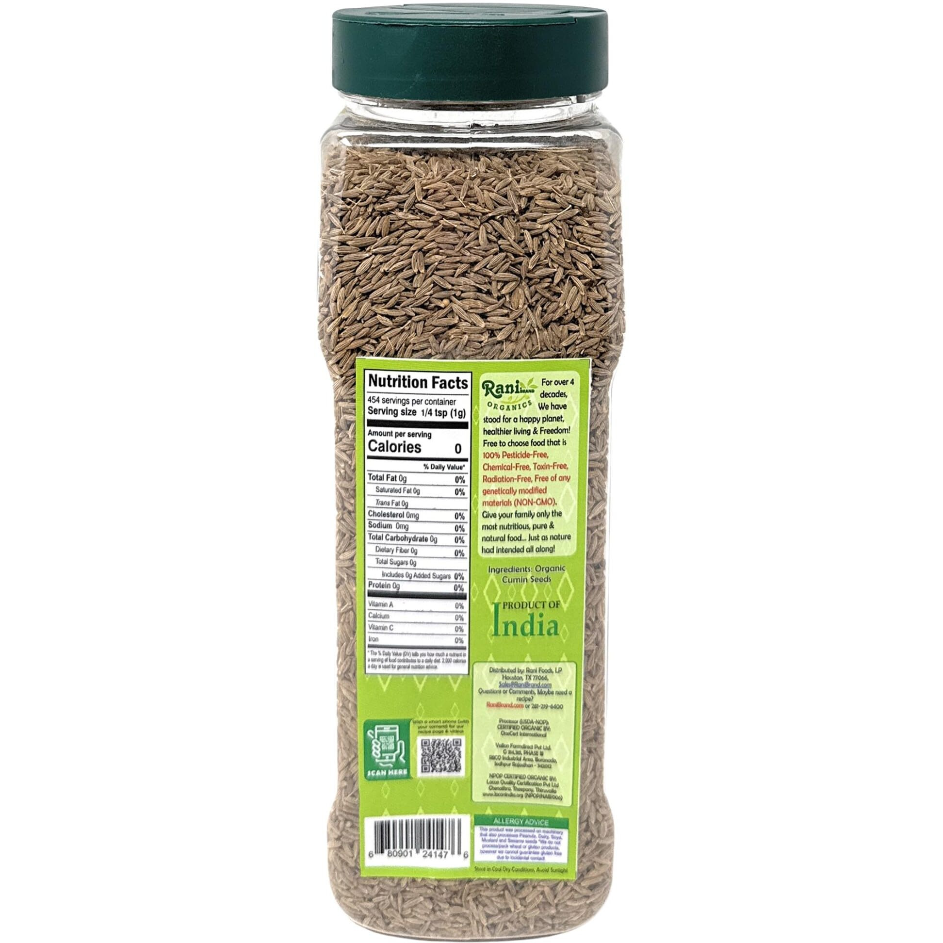 Rani Organic Cumin Seeds Whole (Jeera Sabut) 16oz (1lb) 454g PET Jar ~ All Natural, Vegan, Gluten Friendly, NON-GMO, Indian Origin, USDA Certified Organic