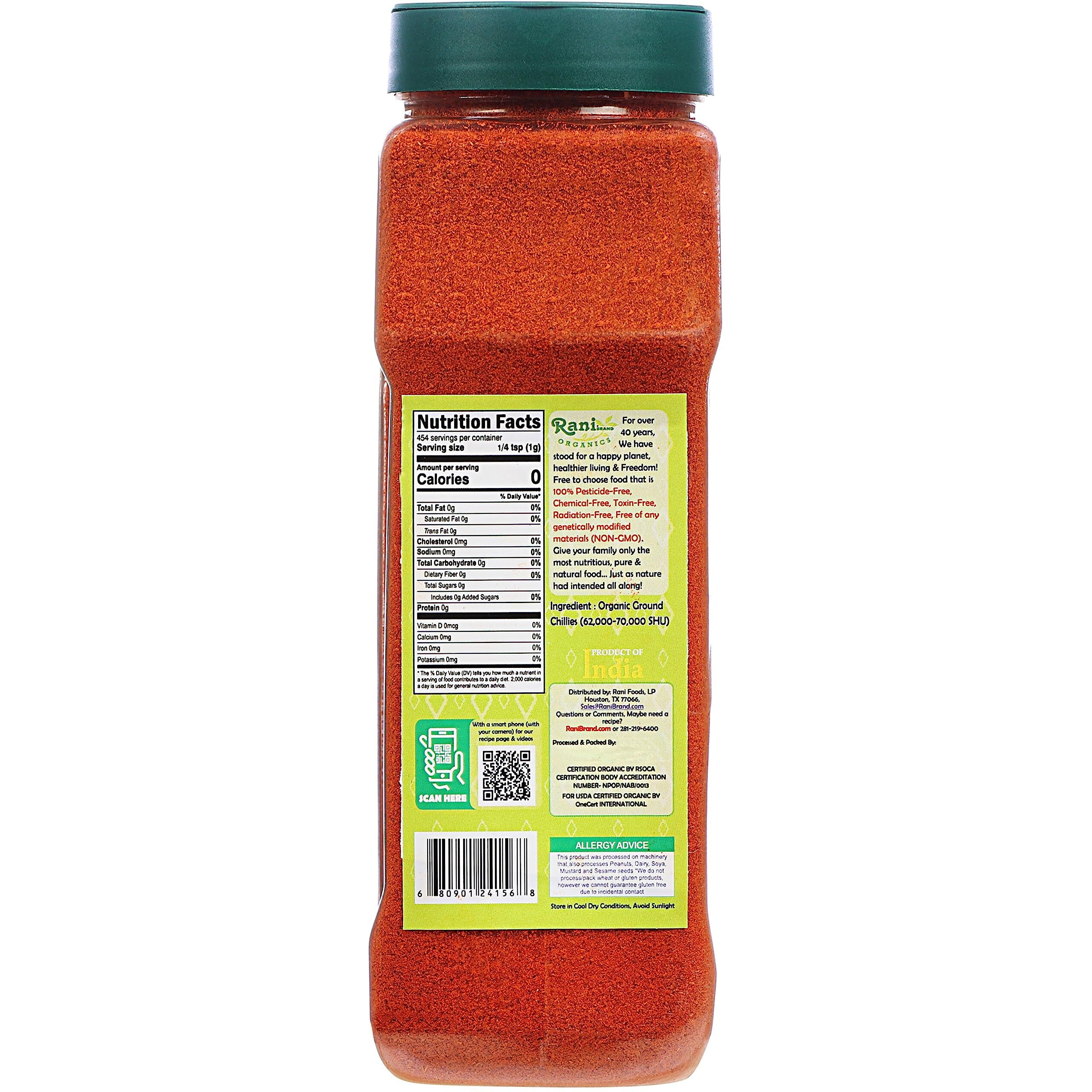 Rani Organic Extra Hot Chilli Powder (Hot Mirchi Ground) 16oz (1lb) 454g PET Jar ~ All Natural, Vegan, Gluten Friendly, NON-GMO, Indian Origin, USDA Certified Organic