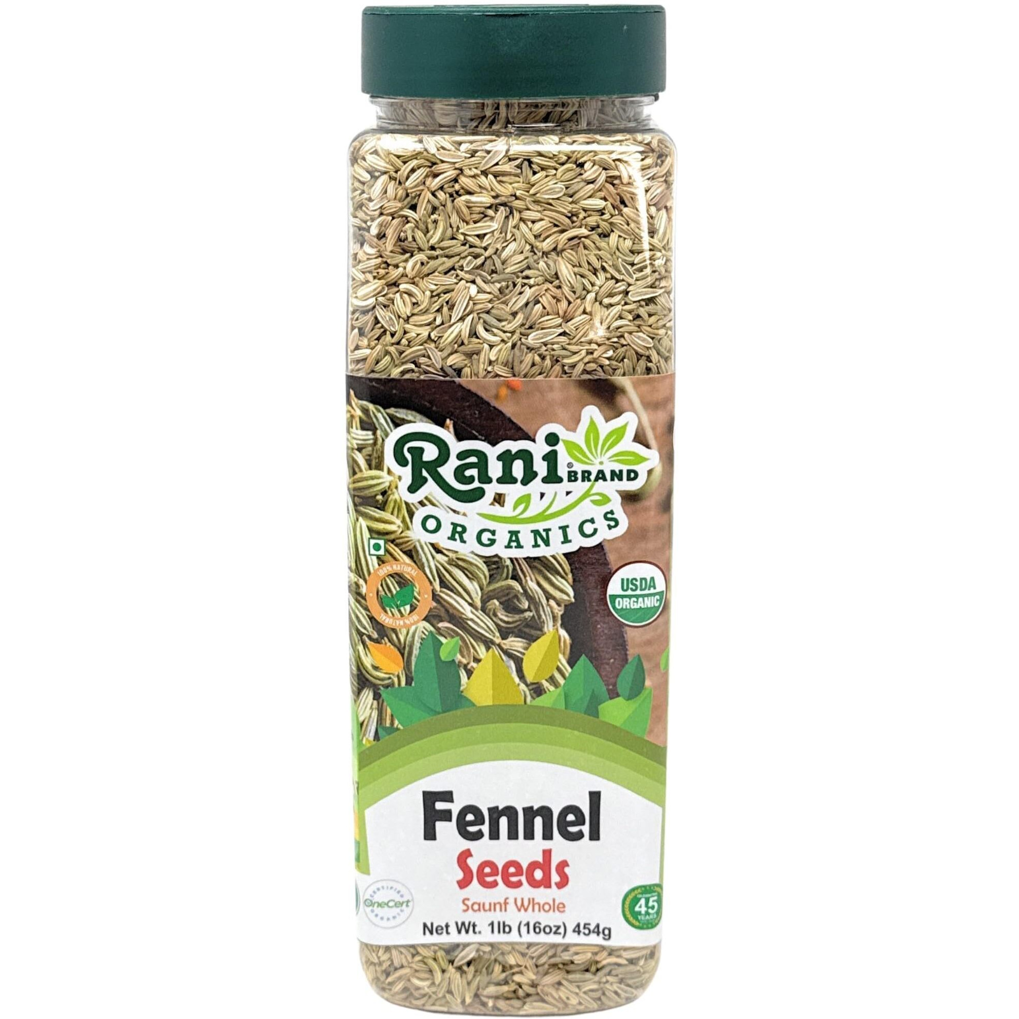 Rani Organic Fennel Seeds (Saunf Sabut) Whole Spice 16oz (1lb) 454g PET Jar ~ All Natural, Vegan, Gluten Friendly, NON-GMO, Kosher, Indian Origin, USDA Certified Organic