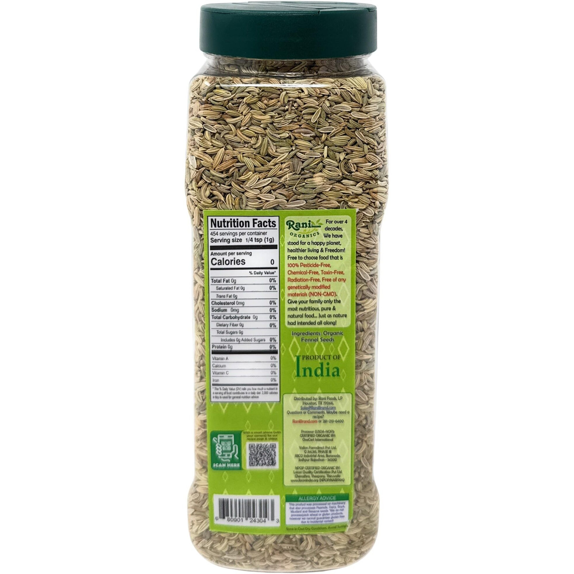 Rani Organic Fennel Seeds (Saunf Sabut) Whole Spice 16oz (1lb) 454g PET Jar ~ All Natural, Vegan, Gluten Friendly, NON-GMO, Kosher, Indian Origin, USDA Certified Organic