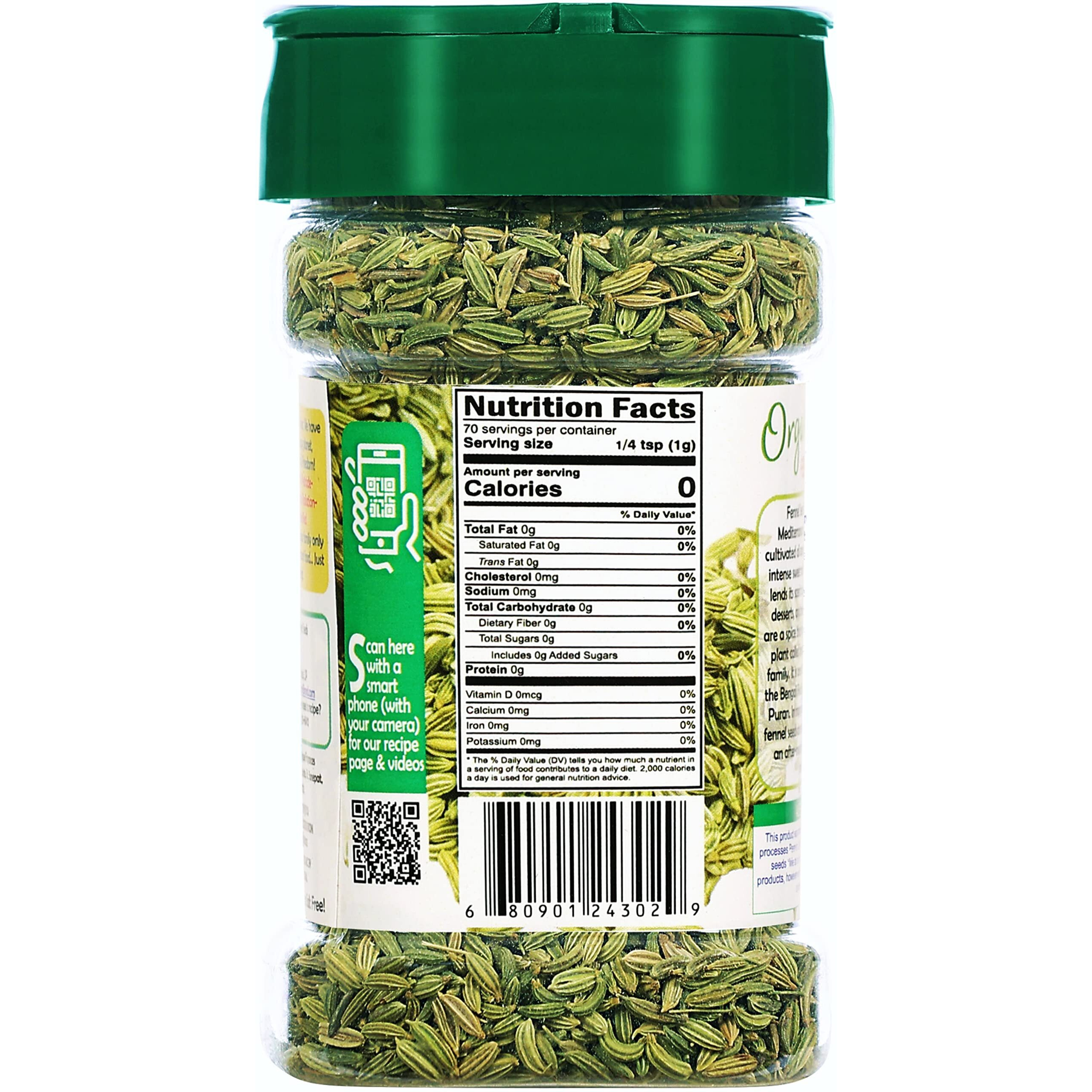 Rani Organic Fennel Seeds (Saunf Sabut) Whole Spice 2.5oz (70g) PET Jar ~ All Natural, Vegan, Gluten Friendly, NON-GMO, Indian Origin, USDA Certified Organic