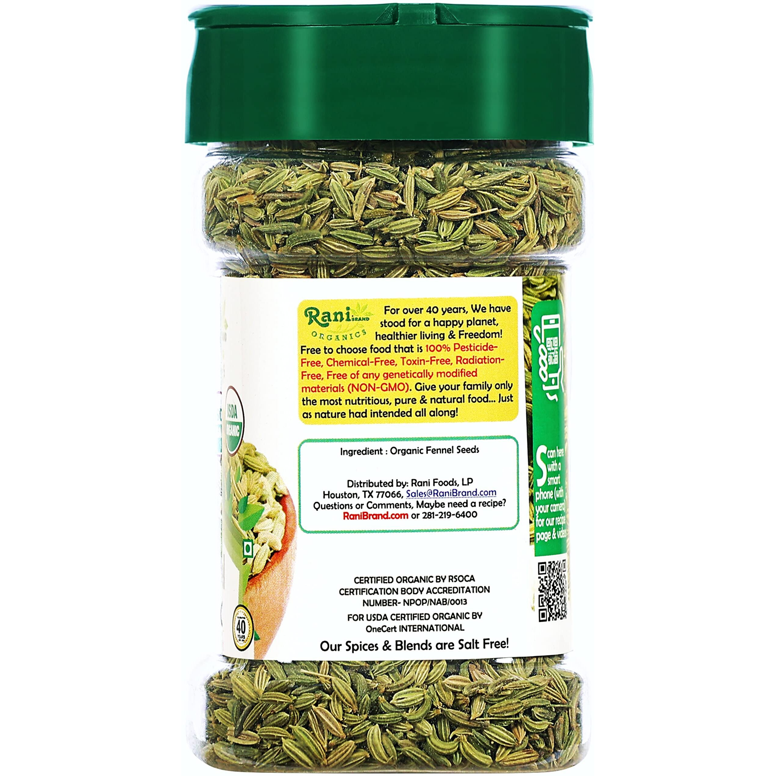 Rani Organic Fennel Seeds (Saunf Sabut) Whole Spice 2.5oz (70g) PET Jar ~ All Natural, Vegan, Gluten Friendly, NON-GMO, Indian Origin, USDA Certified Organic