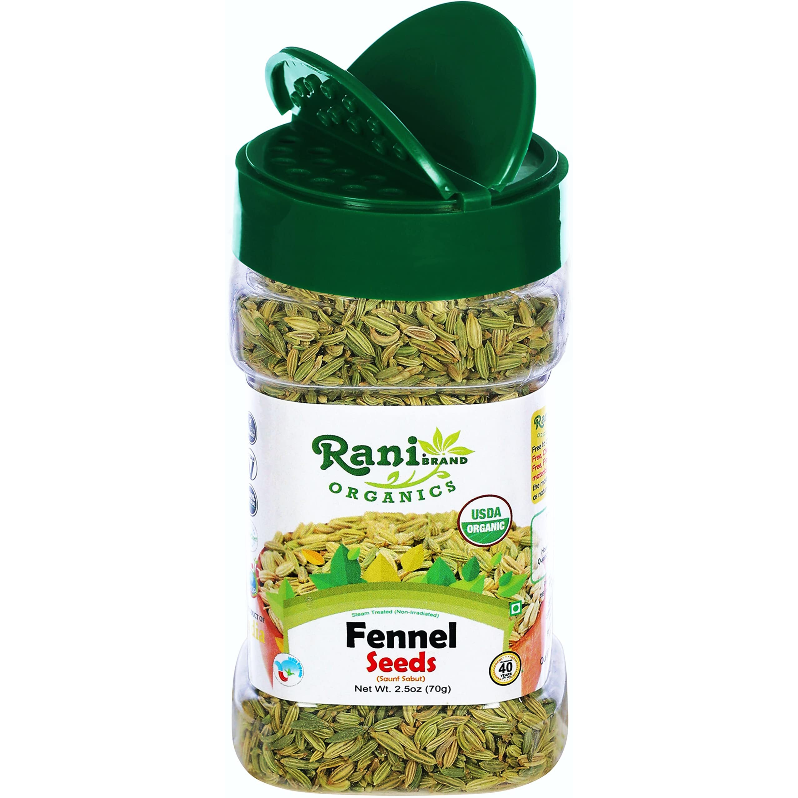 Rani Organic Fennel Seeds (Saunf Sabut) Whole Spice 2.5oz (70g) PET Jar ~ All Natural, Vegan, Gluten Friendly, NON-GMO, Indian Origin, USDA Certified Organic