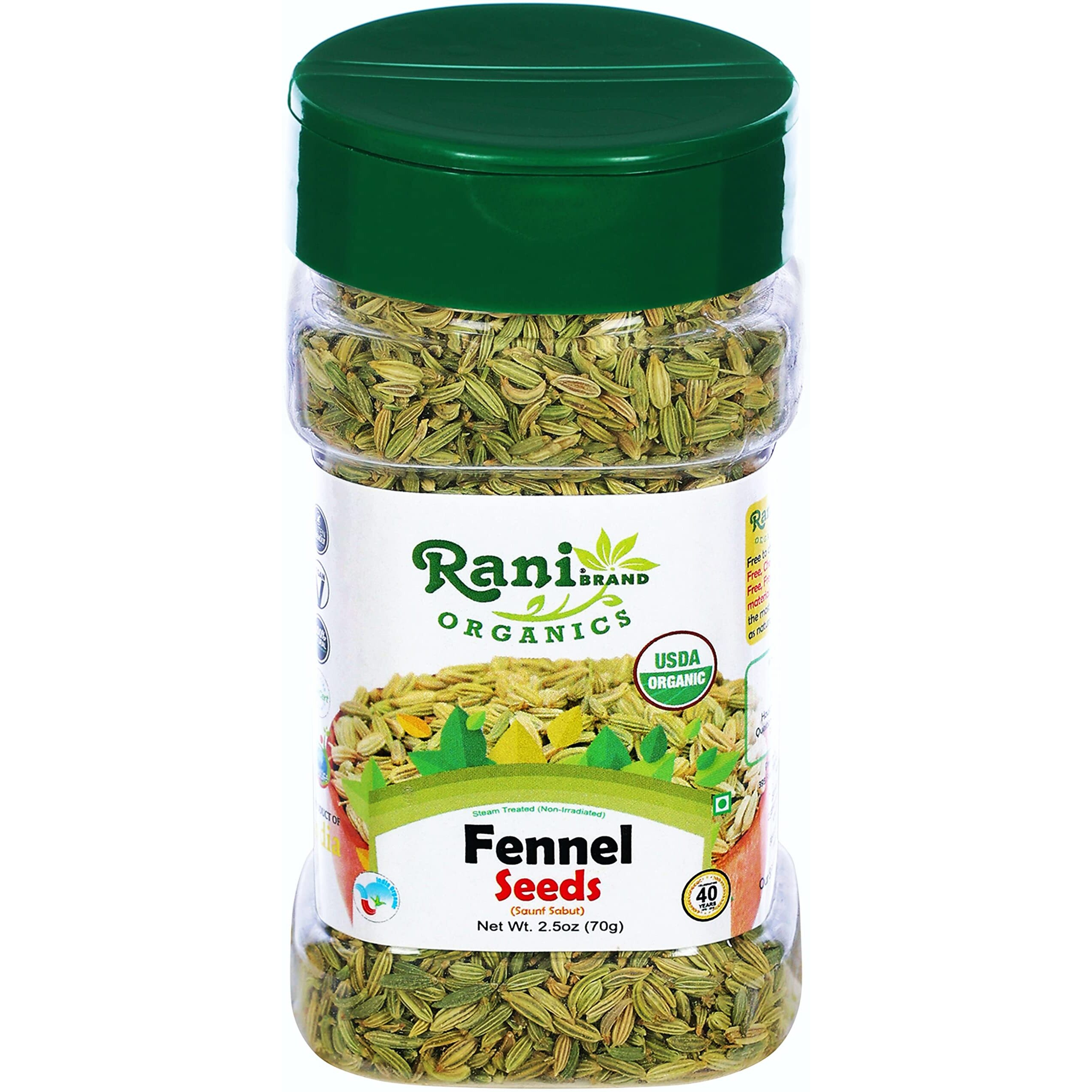 Rani Organic Fennel Seeds (Saunf Sabut) Whole Spice 2.5oz (70g) PET Jar ~ All Natural, Vegan, Gluten Friendly, NON-GMO, Indian Origin, USDA Certified Organic