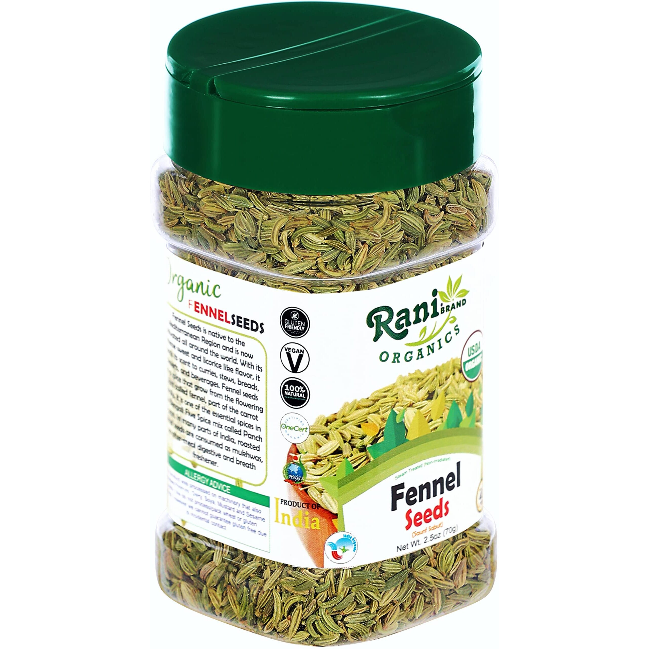 Rani Organic Fennel Seeds (Saunf Sabut) Whole Spice 2.5oz (70g) PET Jar ~ All Natural, Vegan, Gluten Friendly, NON-GMO, Indian Origin, USDA Certified Organic