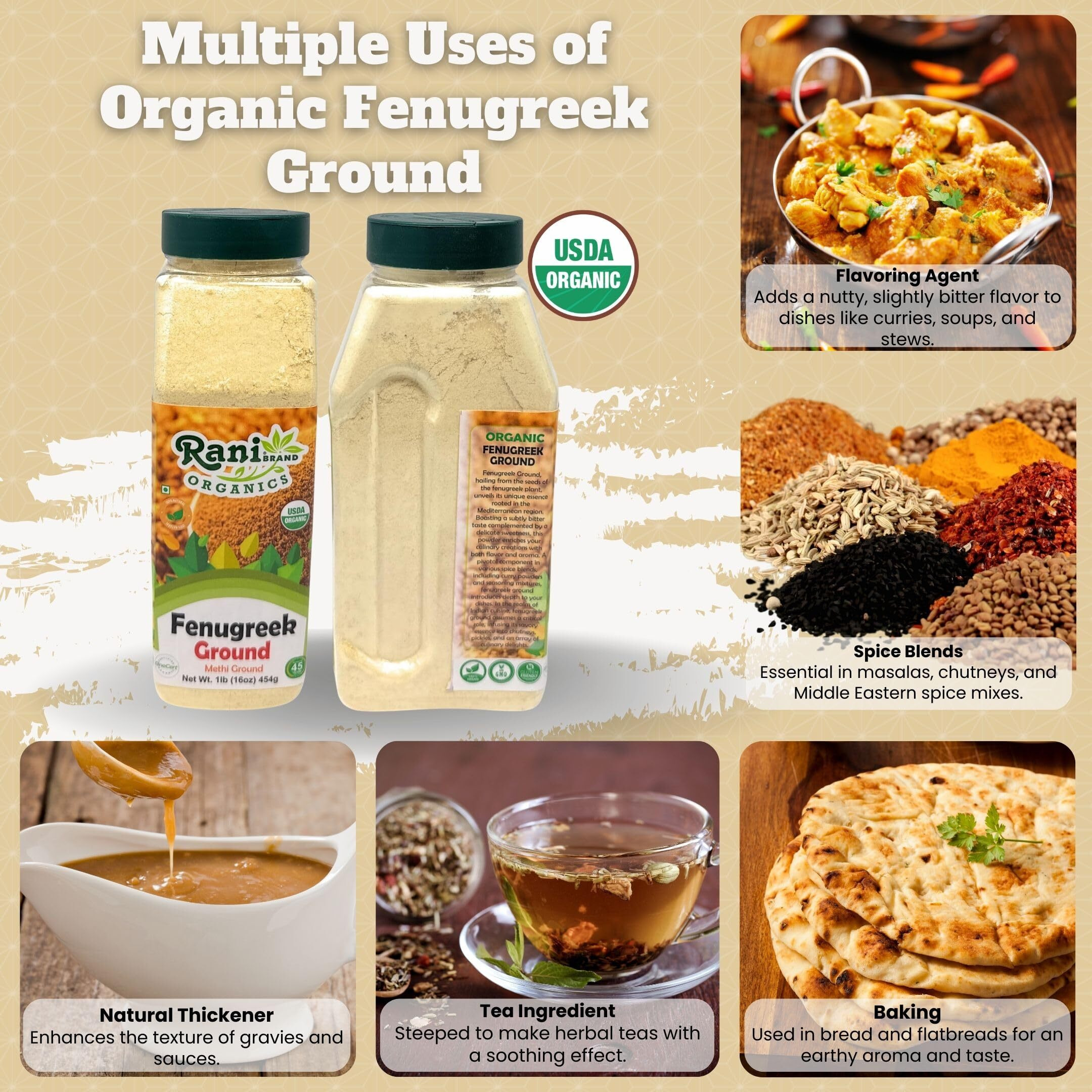 Rani Organic Fenugreek (Methi) Seeds Ground Powder 16oz (1lb) 454g Jar, Trigonella foenum graecum ~ All Natural, Vegan, Gluten Friendly, Non-GMO, Kosher, Indian Origin, USDA Certified Organic
