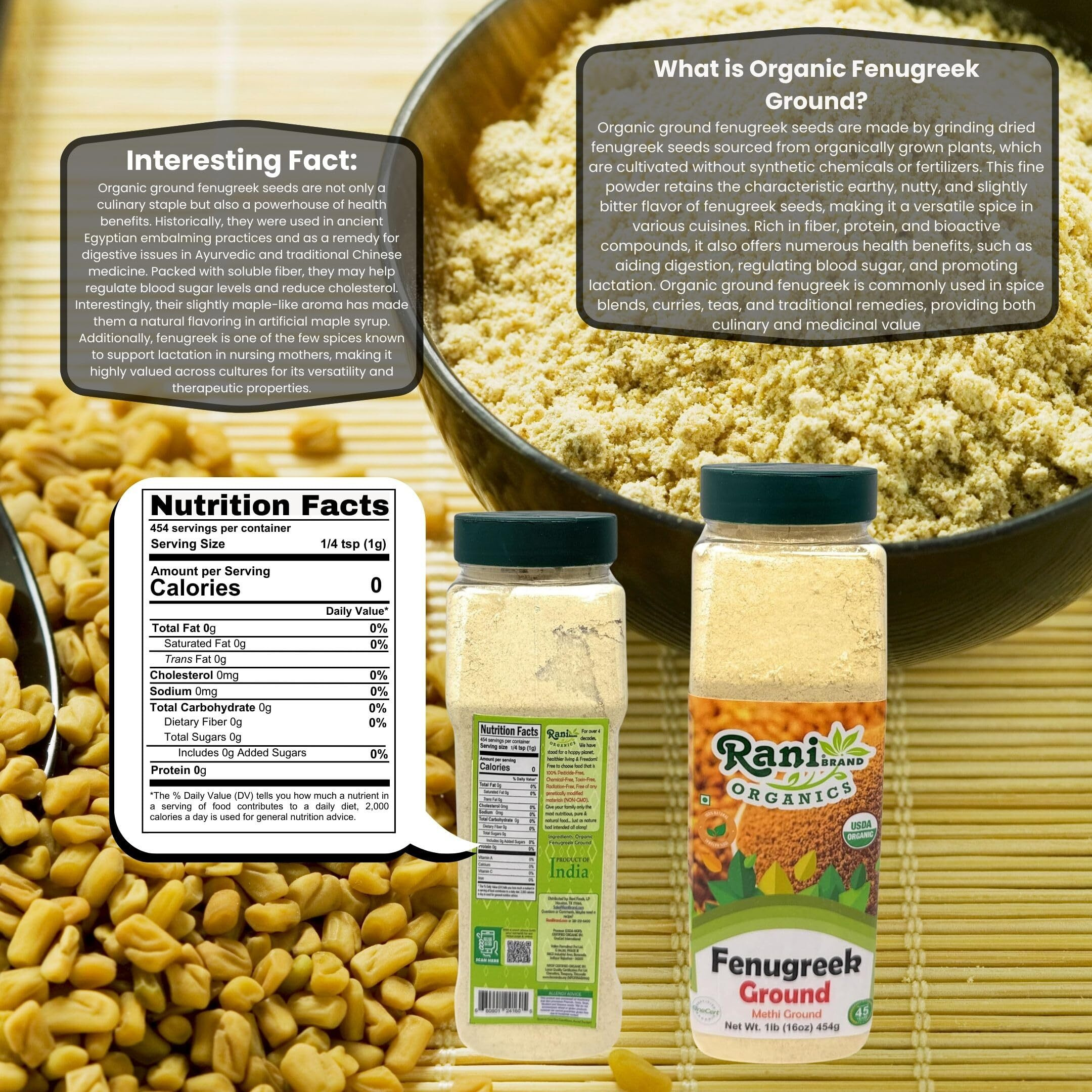 Rani Organic Fenugreek (Methi) Seeds Ground Powder 16oz (1lb) 454g Jar, Trigonella foenum graecum ~ All Natural, Vegan, Gluten Friendly, Non-GMO, Kosher, Indian Origin, USDA Certified Organic
