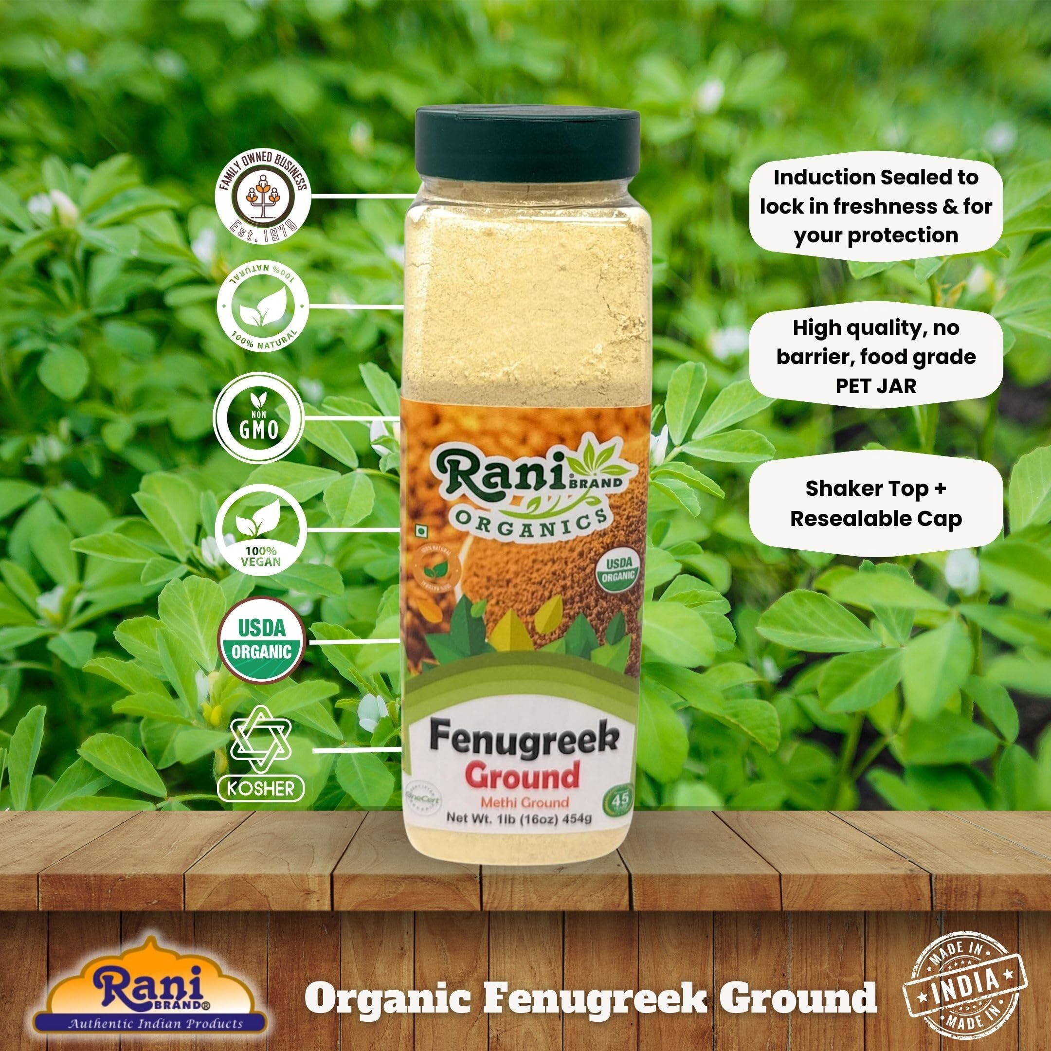 Rani Organic Fenugreek (Methi) Seeds Ground Powder 16oz (1lb) 454g Jar, Trigonella foenum graecum ~ All Natural, Vegan, Gluten Friendly, Non-GMO, Kosher, Indian Origin, USDA Certified Organic