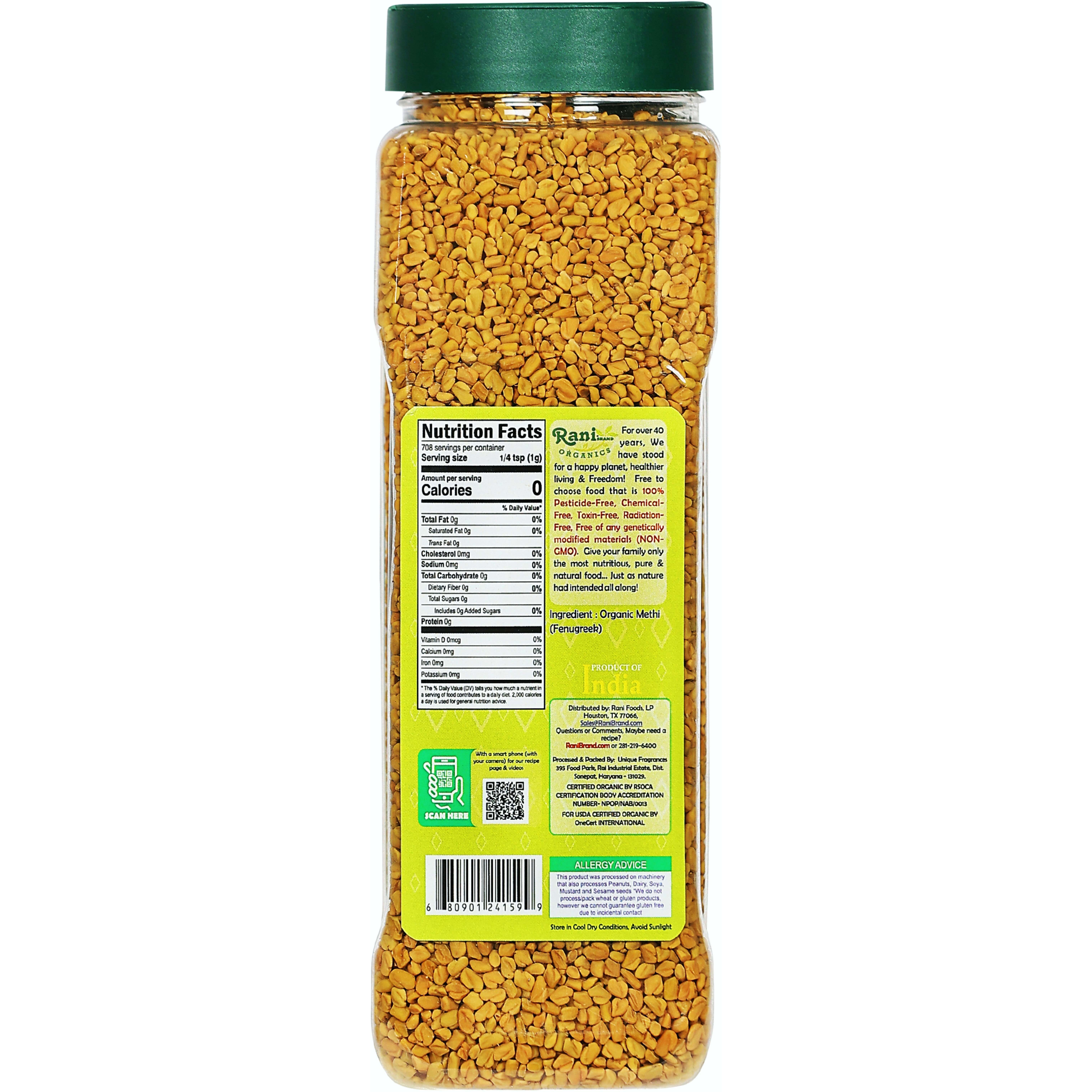 Rani Organic Fenugreek (Methi) Seeds Whole 25oz (1.56lbs) 708g PET Jar, Trigonella Foenum Graecum ~ All Natural, Vegan, Gluten Friendly, NON-GMO, Indian Origin, USDA Certified Organic