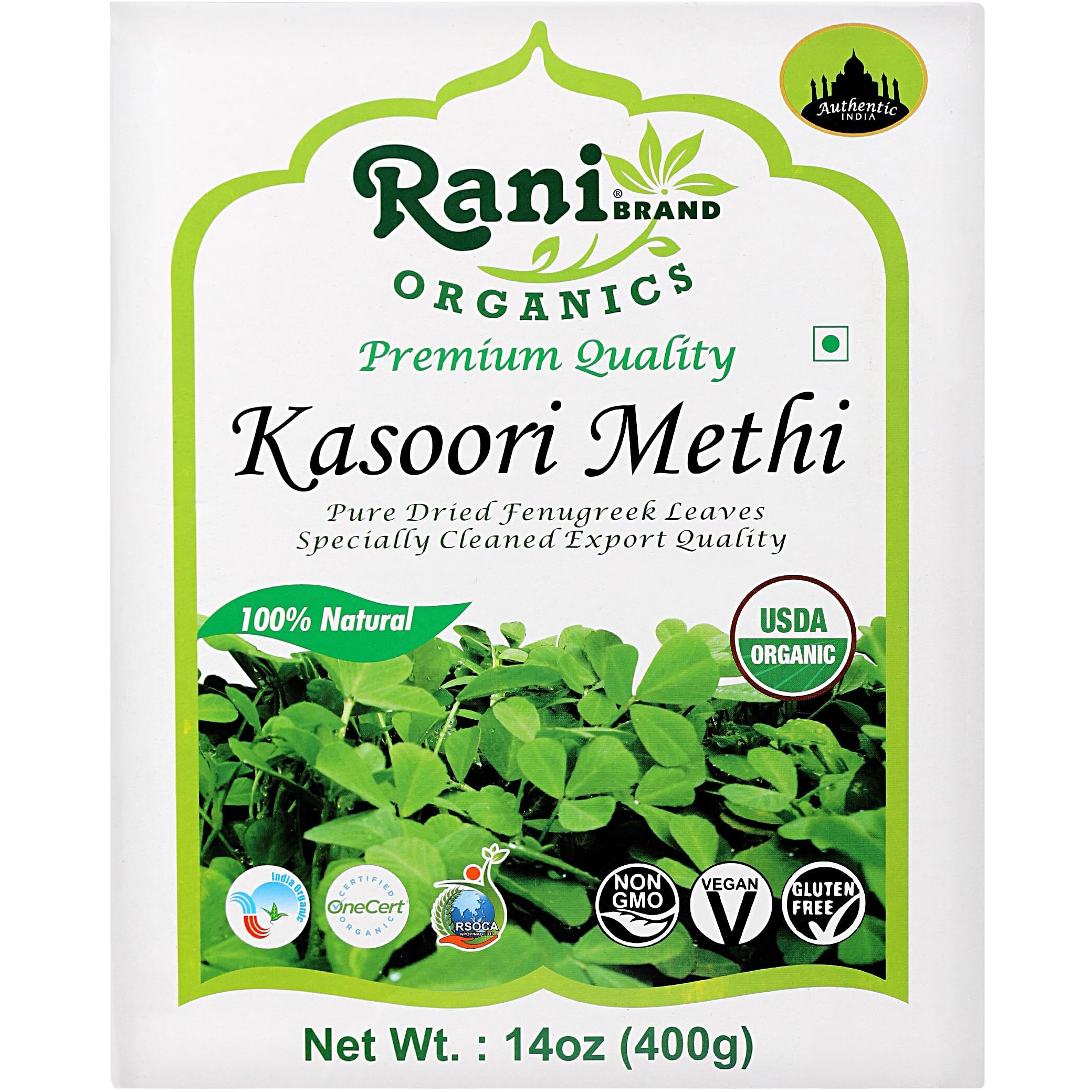 Rani Organic Fenugreek Leaves Dried (Kasoori Methi) 14oz (400g) ~ All Natural, Vegan, Gluten Friendly, NON-GMO, Indian Origin, USDA Certified Organic