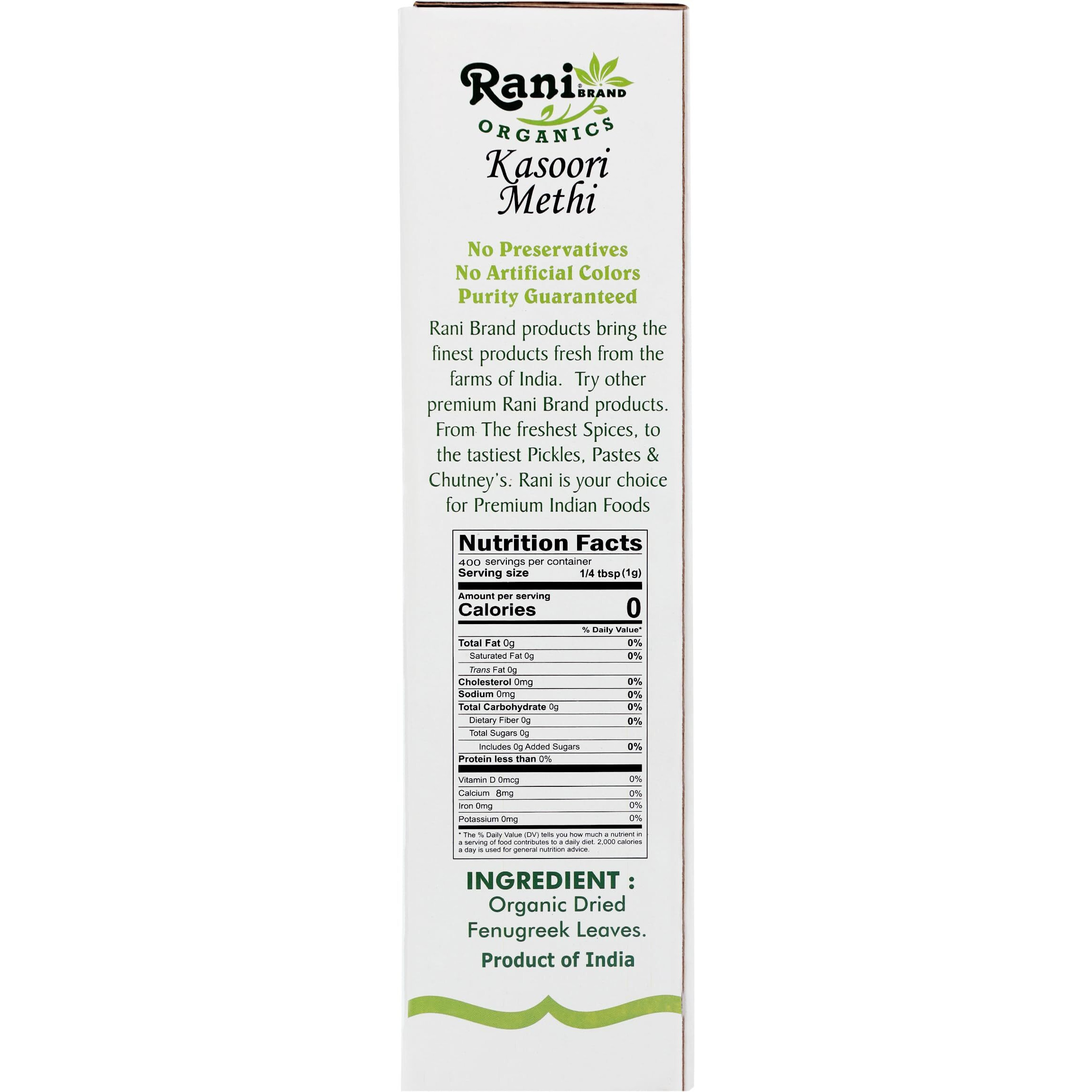 Rani Organic Fenugreek Leaves Dried (Kasoori Methi) 14oz (400g) ~ All Natural, Vegan, Gluten Friendly, NON-GMO, Indian Origin, USDA Certified Organic