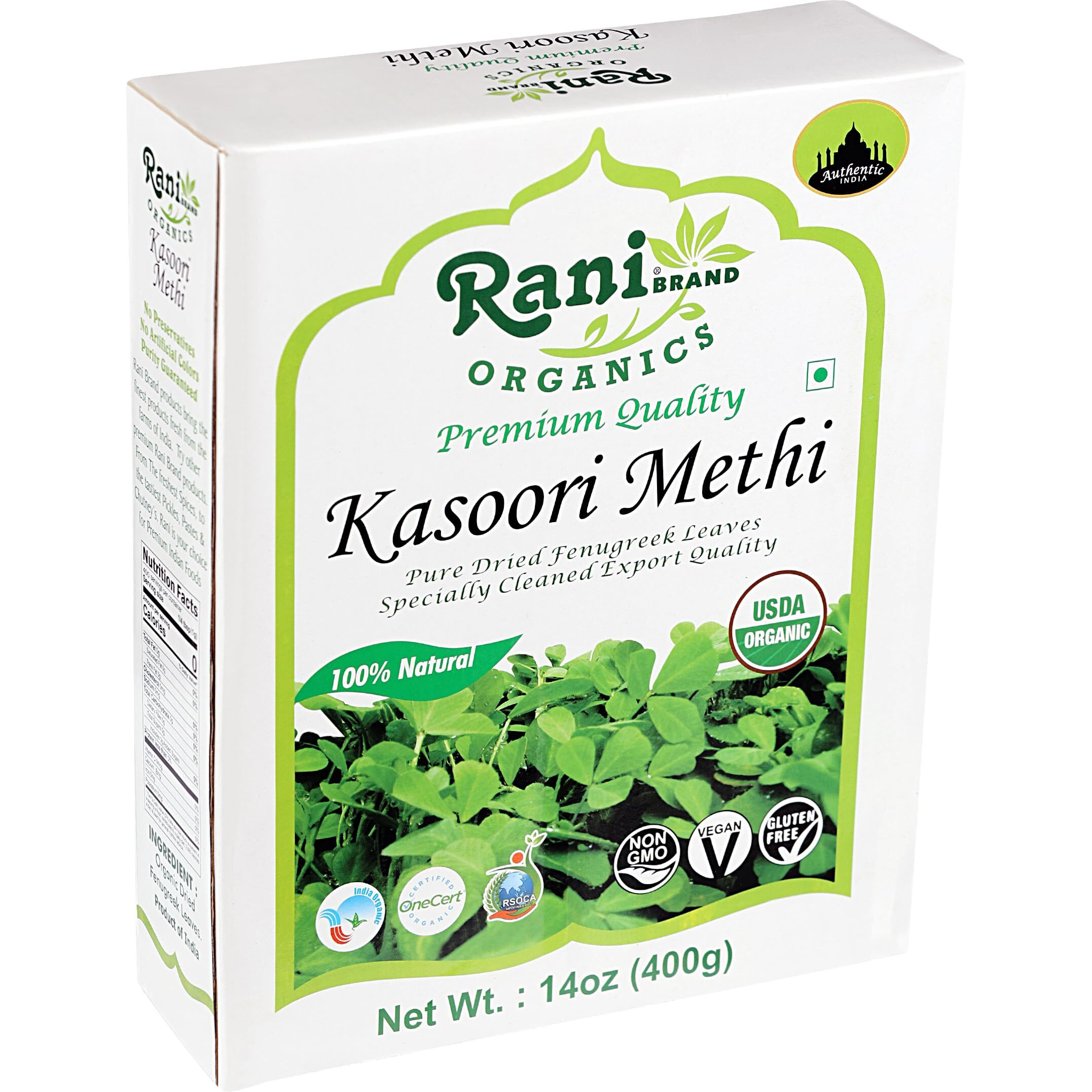 Rani Organic Fenugreek Leaves Dried (Kasoori Methi) 14oz (400g) ~ All Natural, Vegan, Gluten Friendly, NON-GMO, Indian Origin, USDA Certified Organic