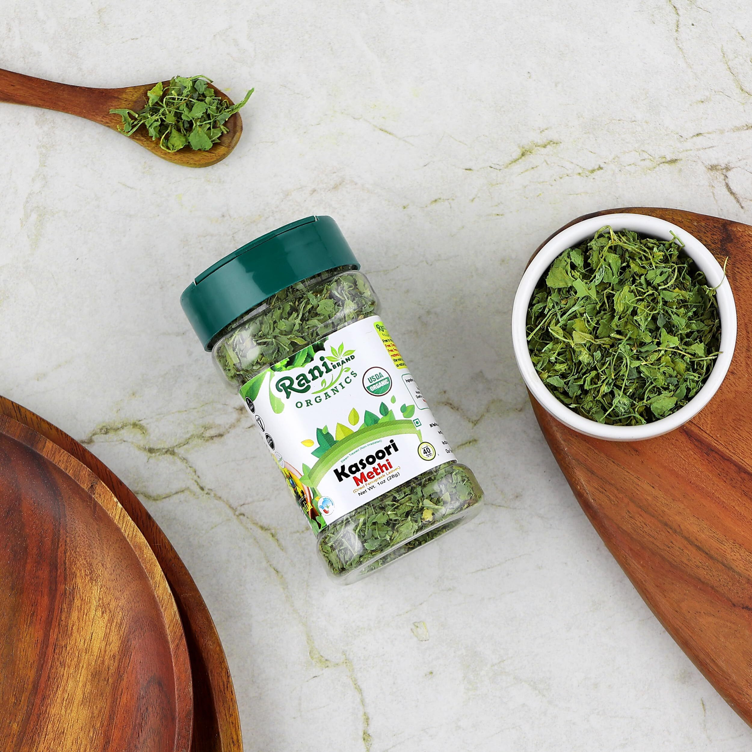 Rani Organic Fenugreek Leaves Dried (Kasoori Methi) 1oz (28g) PET Jar ~ All Natural, Vegan, Gluten Friendly, NON-GMO, Indian Origin, USDA Certified Organic
