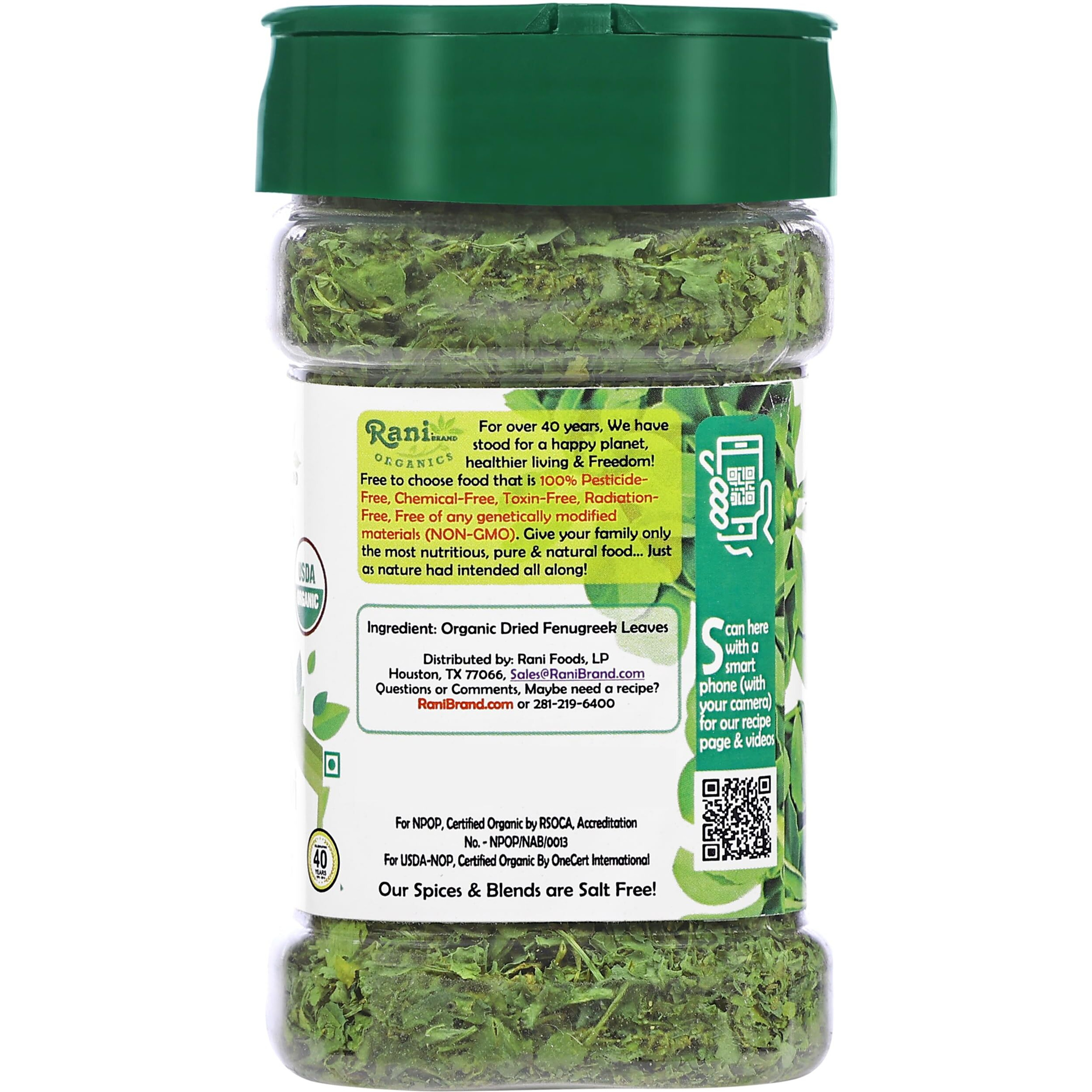 Rani Organic Fenugreek Leaves Dried (Kasoori Methi) 1oz (28g) PET Jar ~ All Natural, Vegan, Gluten Friendly, NON-GMO, Indian Origin, USDA Certified Organic