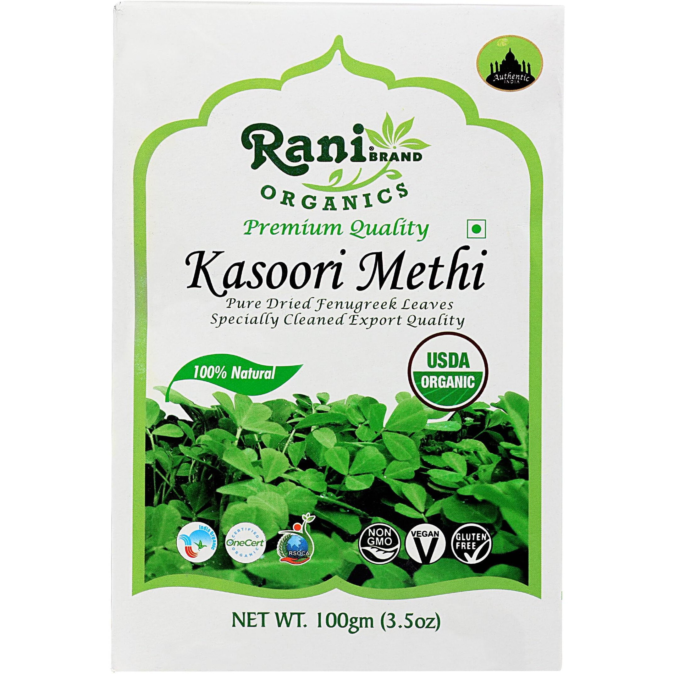 Rani Organic Fenugreek Leaves Dried (Kasoori Methi) 3.5oz (100g) ~ All Natural, Vegan, Gluten Friendly, NON-GMO, Indian Origin, USDA Certified Organic