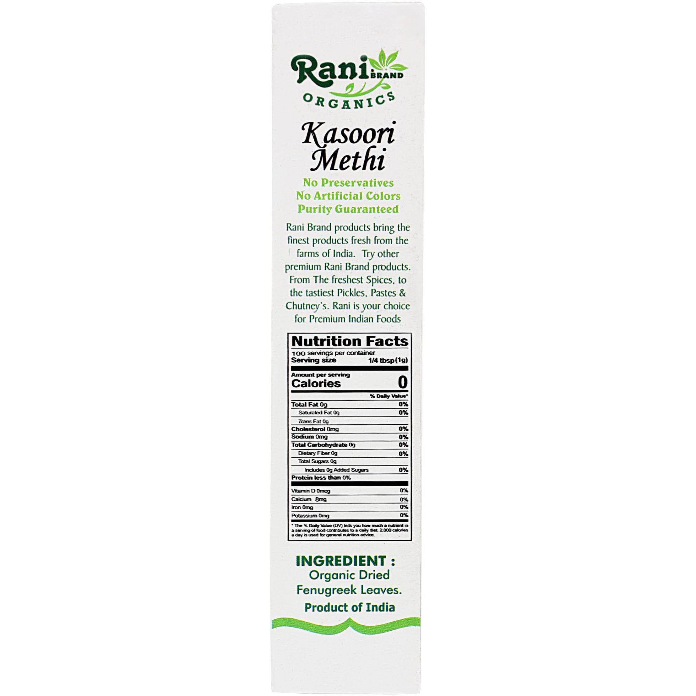 Rani Organic Fenugreek Leaves Dried (Kasoori Methi) 3.5oz (100g) ~ All Natural, Vegan, Gluten Friendly, NON-GMO, Indian Origin, USDA Certified Organic