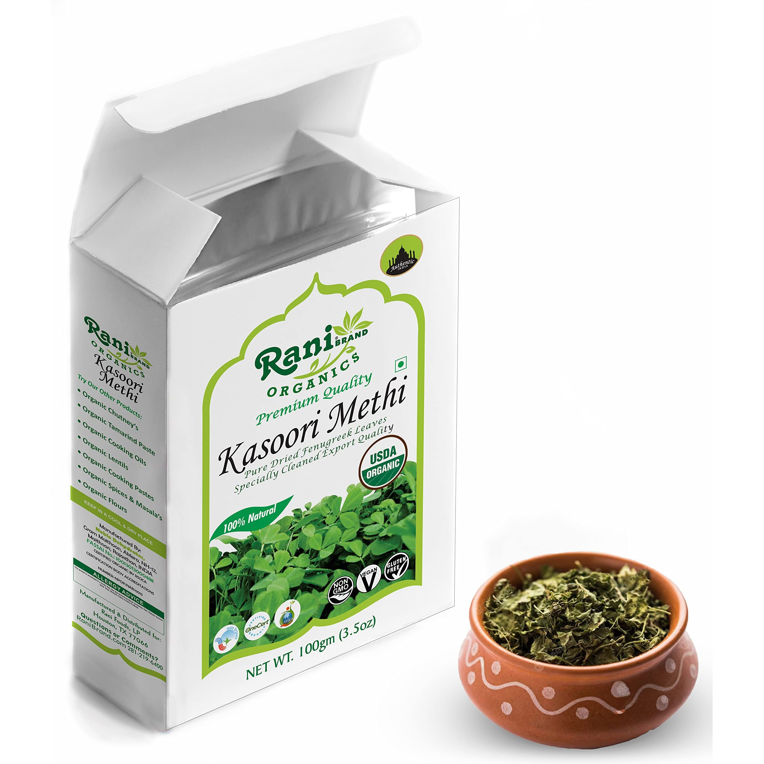 Rani Organic Fenugreek Leaves Dried (Kasoori Methi) 3.5oz (100g) ~ All Natural, Vegan, Gluten Friendly, NON-GMO, Indian Origin, USDA Certified Organic