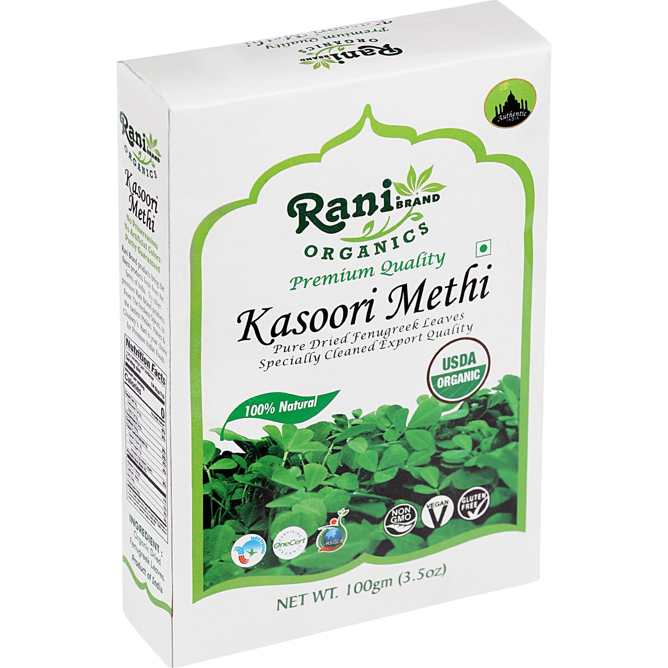 Rani Organic Fenugreek Leaves Dried (Kasoori Methi) 3.5oz (100g) ~ All Natural, Vegan, Gluten Friendly, NON-GMO, Indian Origin, USDA Certified Organic