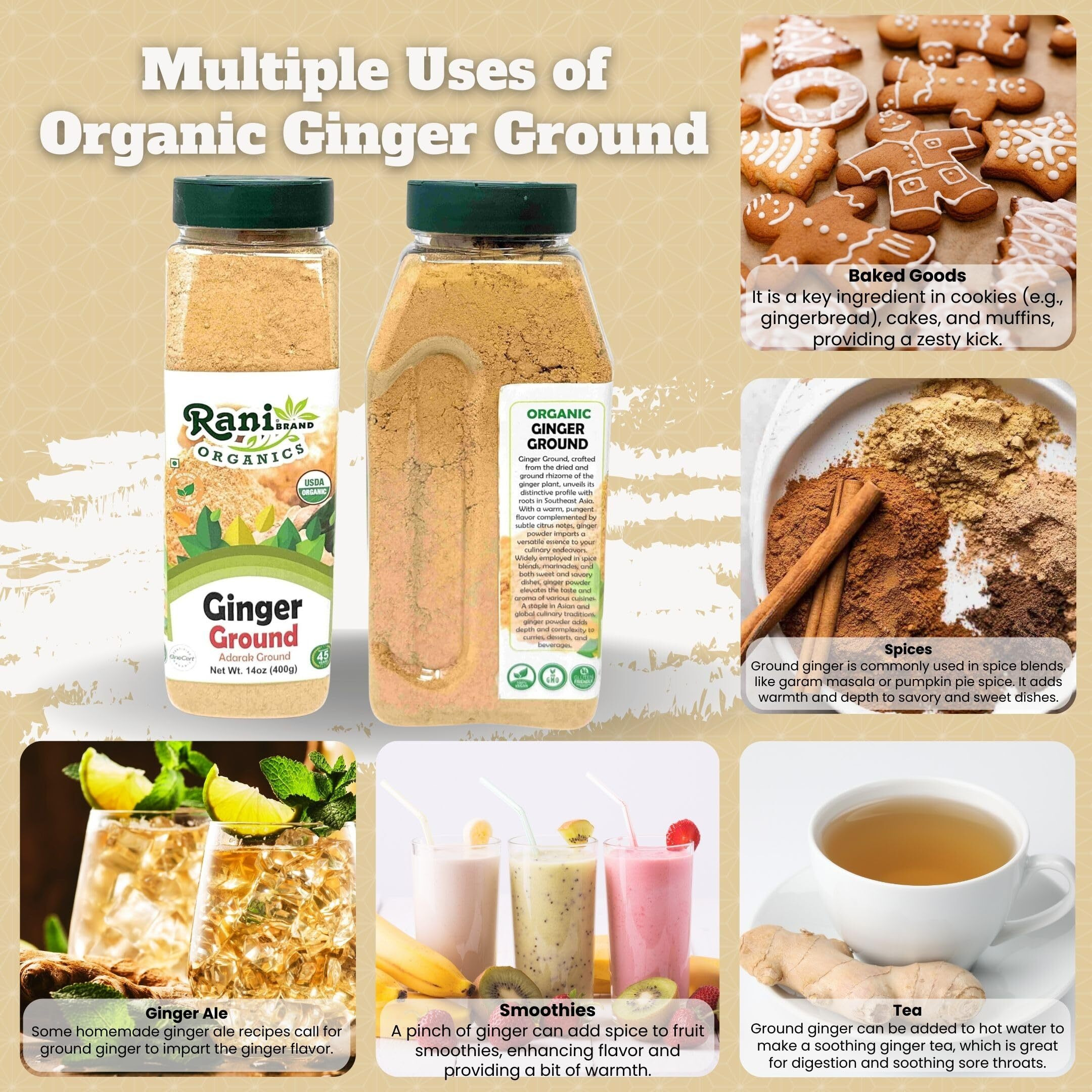 Rani Organic Ginger (Adarak) Powder Ground, Spice 14oz (400g) PET Jar ~ All Natural, Vegan, Gluten Friendly, NON-GMO, Indian Origin, USDA Certified Organic