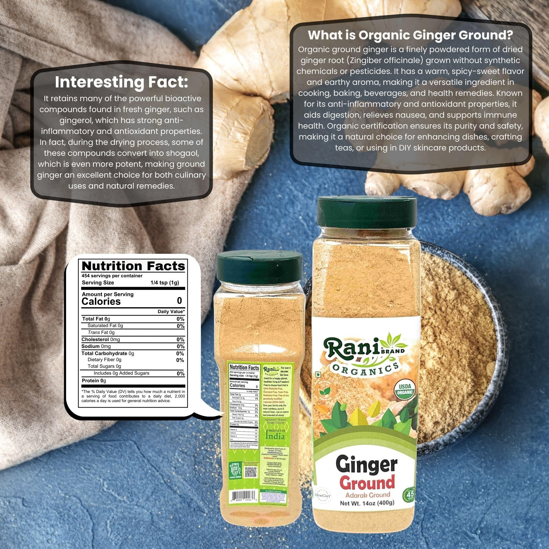 Rani Organic Ginger (Adarak) Powder Ground, Spice 14oz (400g) PET Jar ~ All Natural, Vegan, Gluten Friendly, NON-GMO, Indian Origin, USDA Certified Organic
