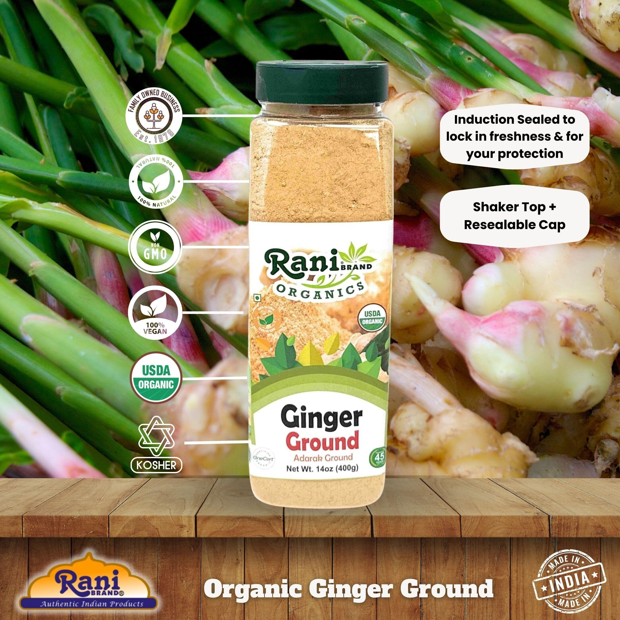 Rani Organic Ginger (Adarak) Powder Ground, Spice 14oz (400g) PET Jar ~ All Natural, Vegan, Gluten Friendly, NON-GMO, Indian Origin, USDA Certified Organic