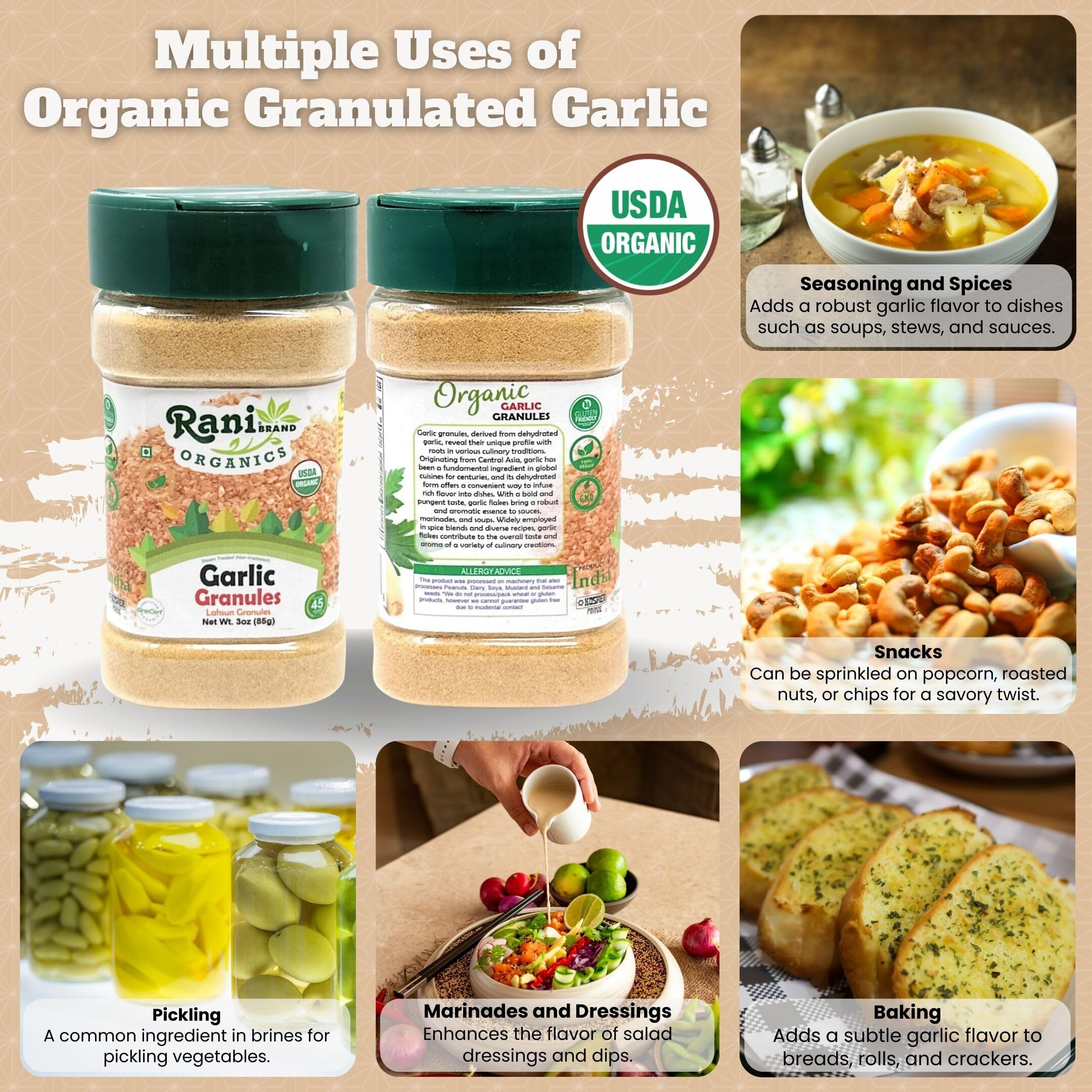 Rani Organic Granulated Garlic (Lahsun Granules) 3oz (85g) PET Jar ~ All Natural, Gluten Friendly, Vegan, NON-GMO, Kosher, No Salt or fillers, Indian Origin, USDA Certified Organic