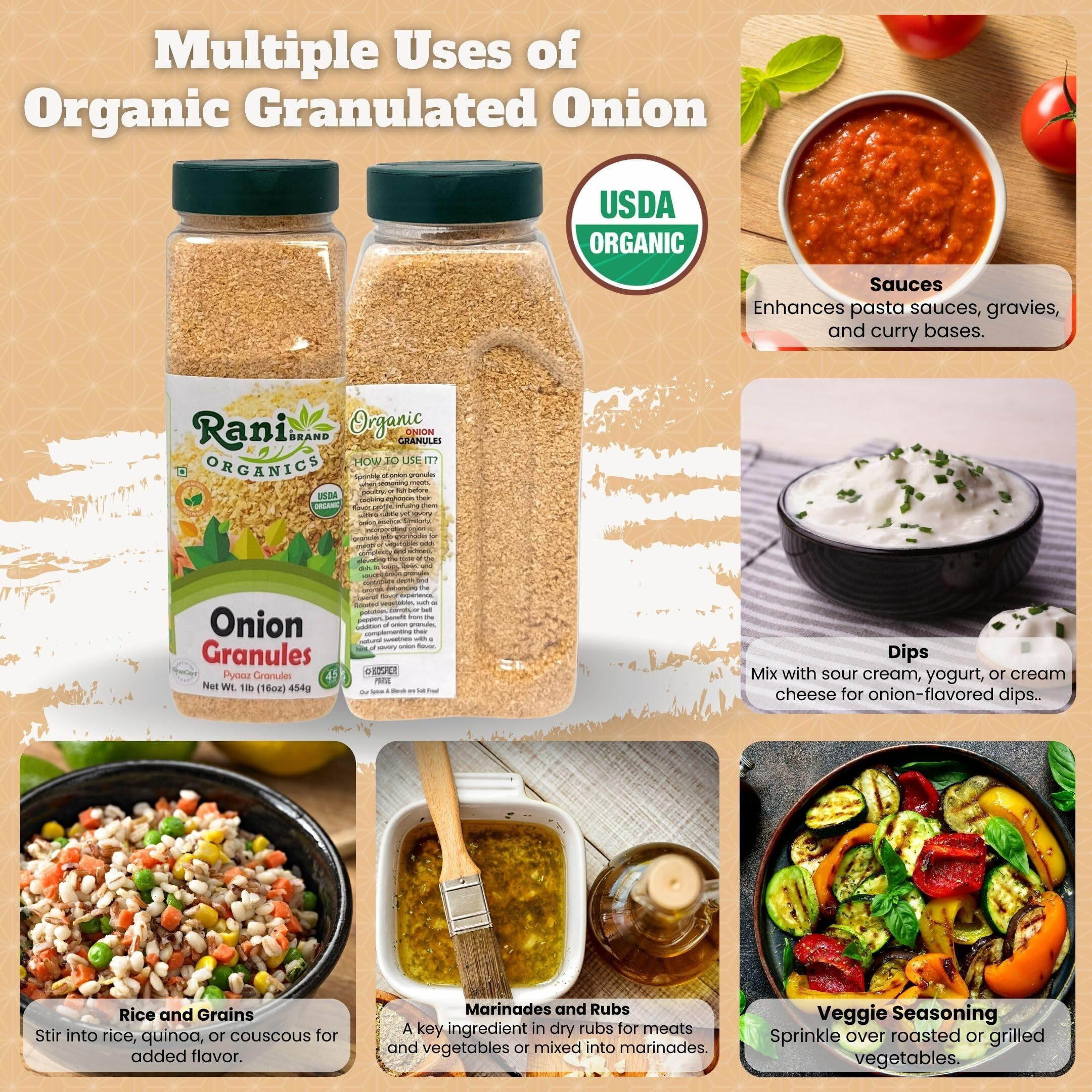 Rani Organic Granulated Onion (Pyaaz Granules) 16oz (1lb) 454g PET Jar ~ All Natural, Gluten Friendly, Vegan, NON-GMO, Kosher, No Salt or fillers, Indian Origin, USDA Certified Organic