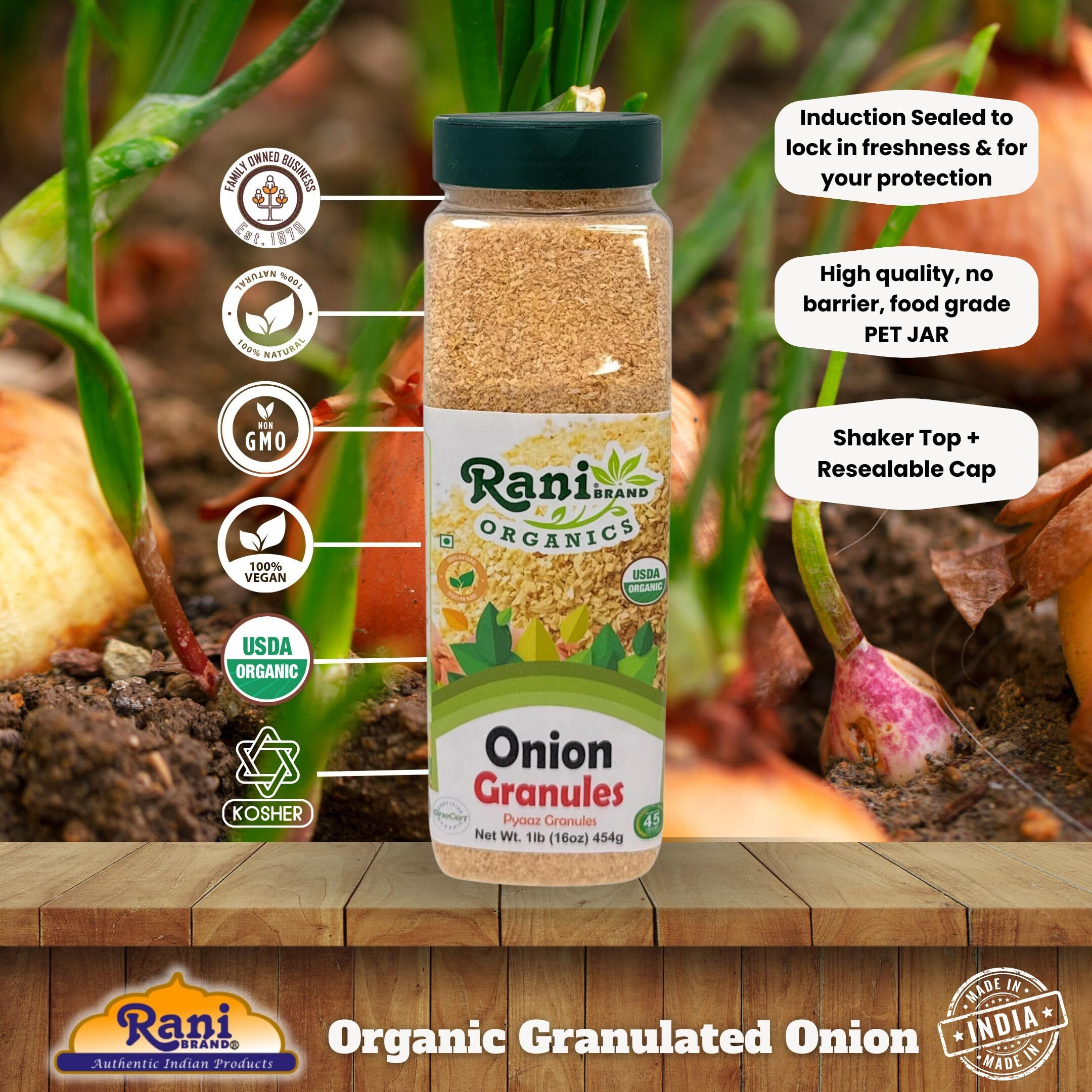 Rani Organic Granulated Onion (Pyaaz Granules) 16oz (1lb) 454g PET Jar ~ All Natural, Gluten Friendly, Vegan, NON-GMO, Kosher, No Salt or fillers, Indian Origin, USDA Certified Organic