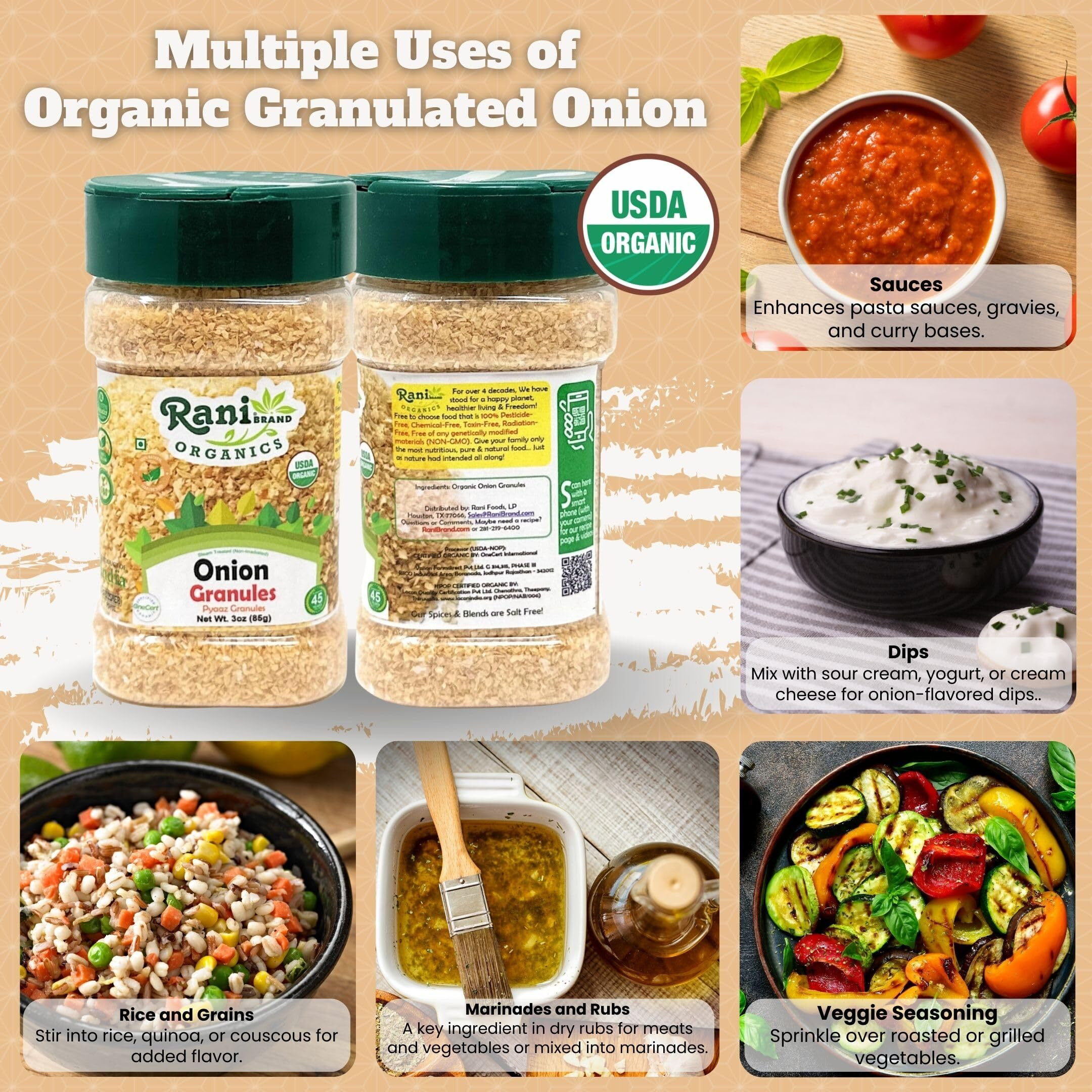Rani Organic Granulated Onion (Pyaaz Granules) 3oz (85g) PET Jar ~ All Natural, Gluten Friendly, Vegan, NON-GMO, Kosher, No Salt or fillers, Indian Origin, USDA Certified Organic