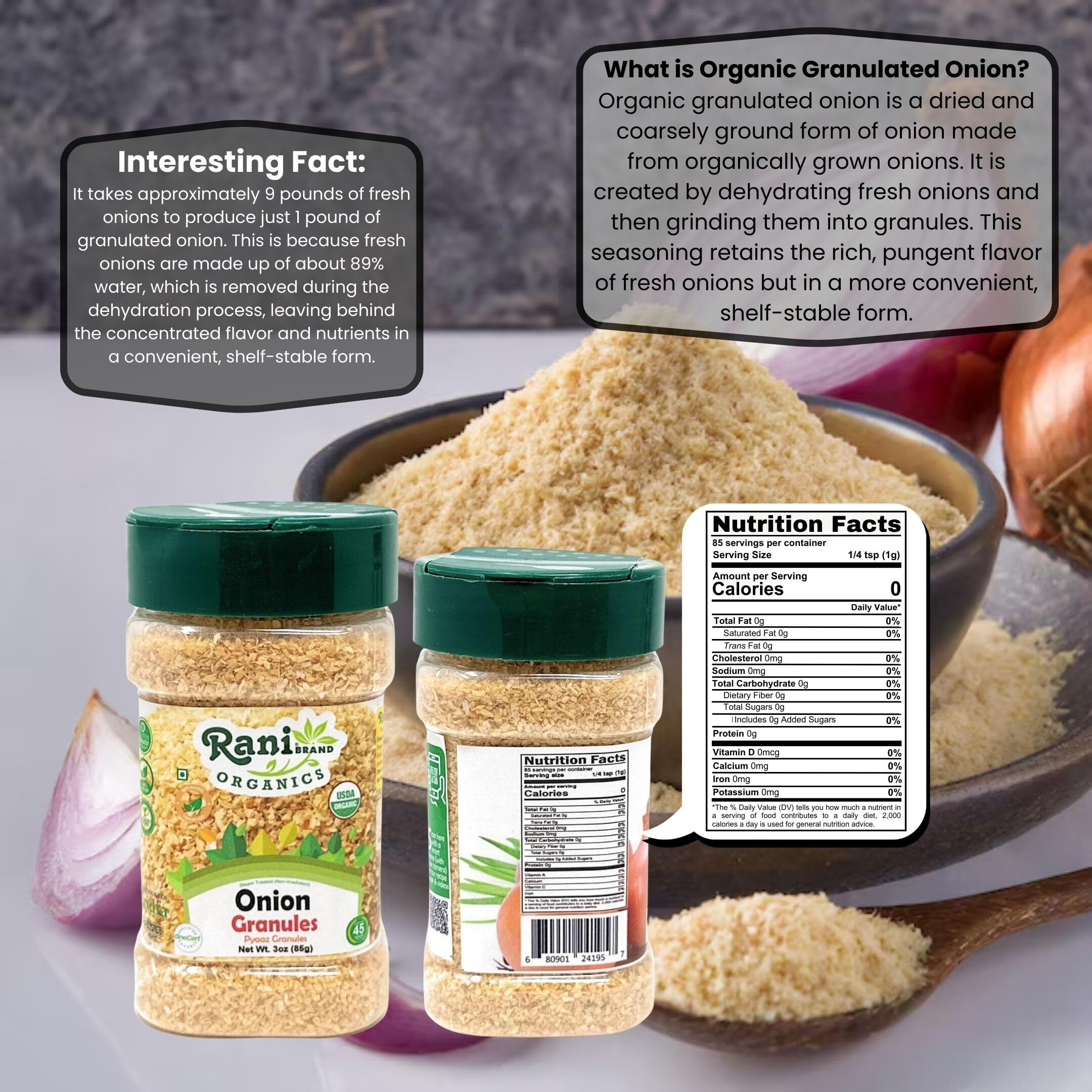 Rani Organic Granulated Onion (Pyaaz Granules) 3oz (85g) PET Jar ~ All Natural, Gluten Friendly, Vegan, NON-GMO, Kosher, No Salt or fillers, Indian Origin, USDA Certified Organic