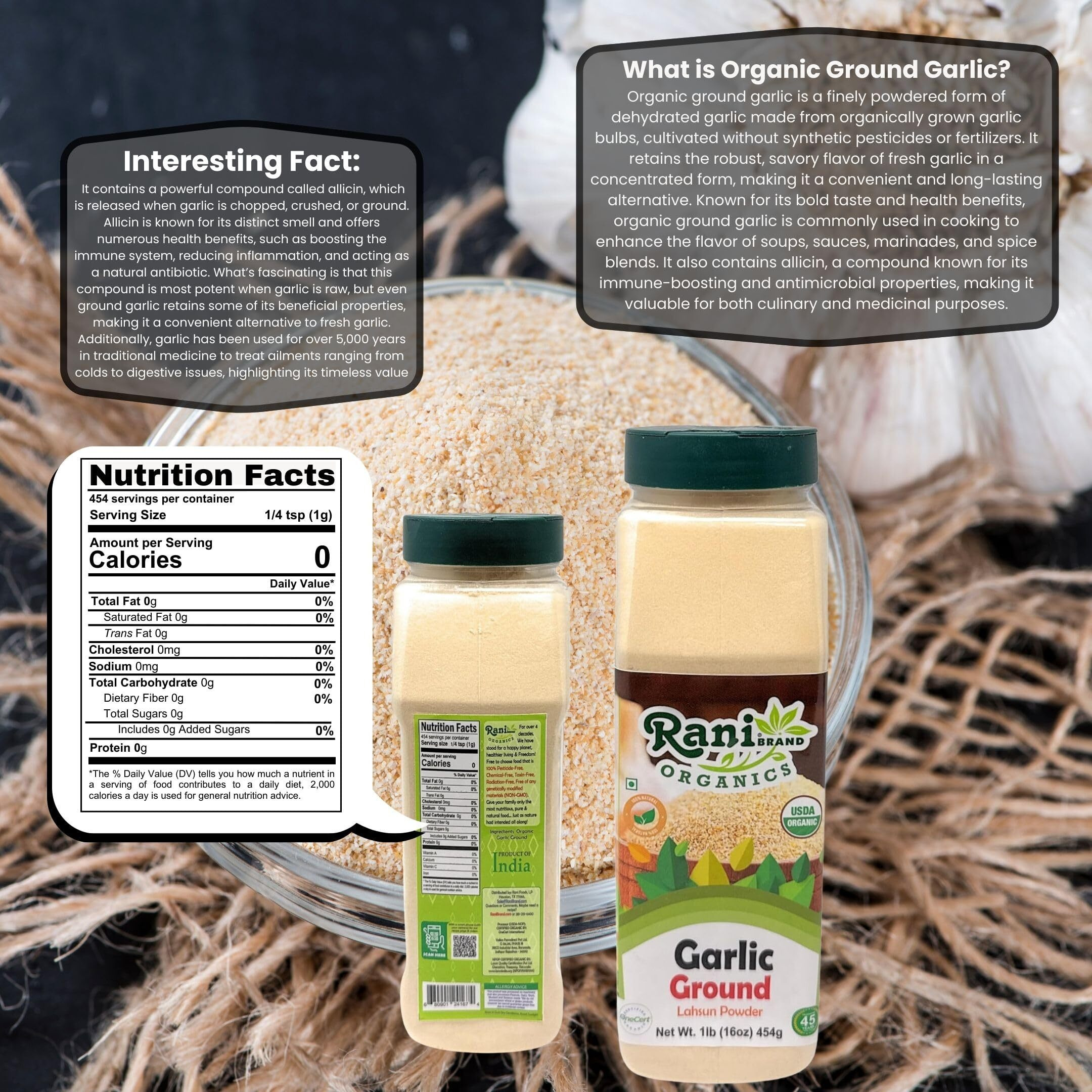 Rani Organic Ground Garlic (Lahsun Powder) 16oz (1lb) 454g PET Jar ~ All Natural, Gluten Friendly, Vegan, NON-GMO, Kosher, No Salt or fillers, Indian Origin, USDA Certified Organic