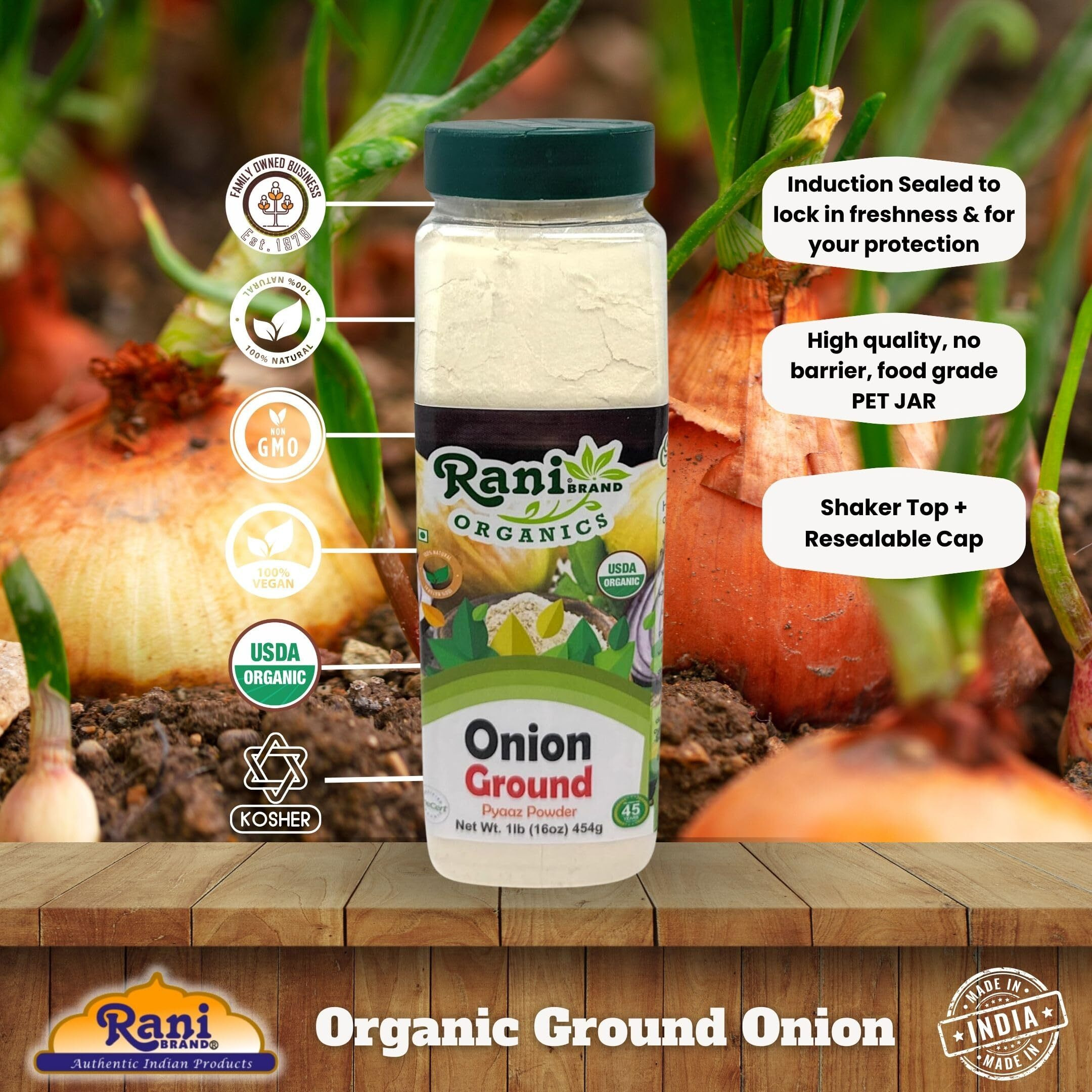 Rani Organic Ground Onion (Pyaaz Powder) 16oz (1lb) 454g PET Jar ~ All Natural, Gluten Friendly, Vegan, NON-GMO, Kosher, No Salt or fillers, Indian Origin, USDA Certified Organic
