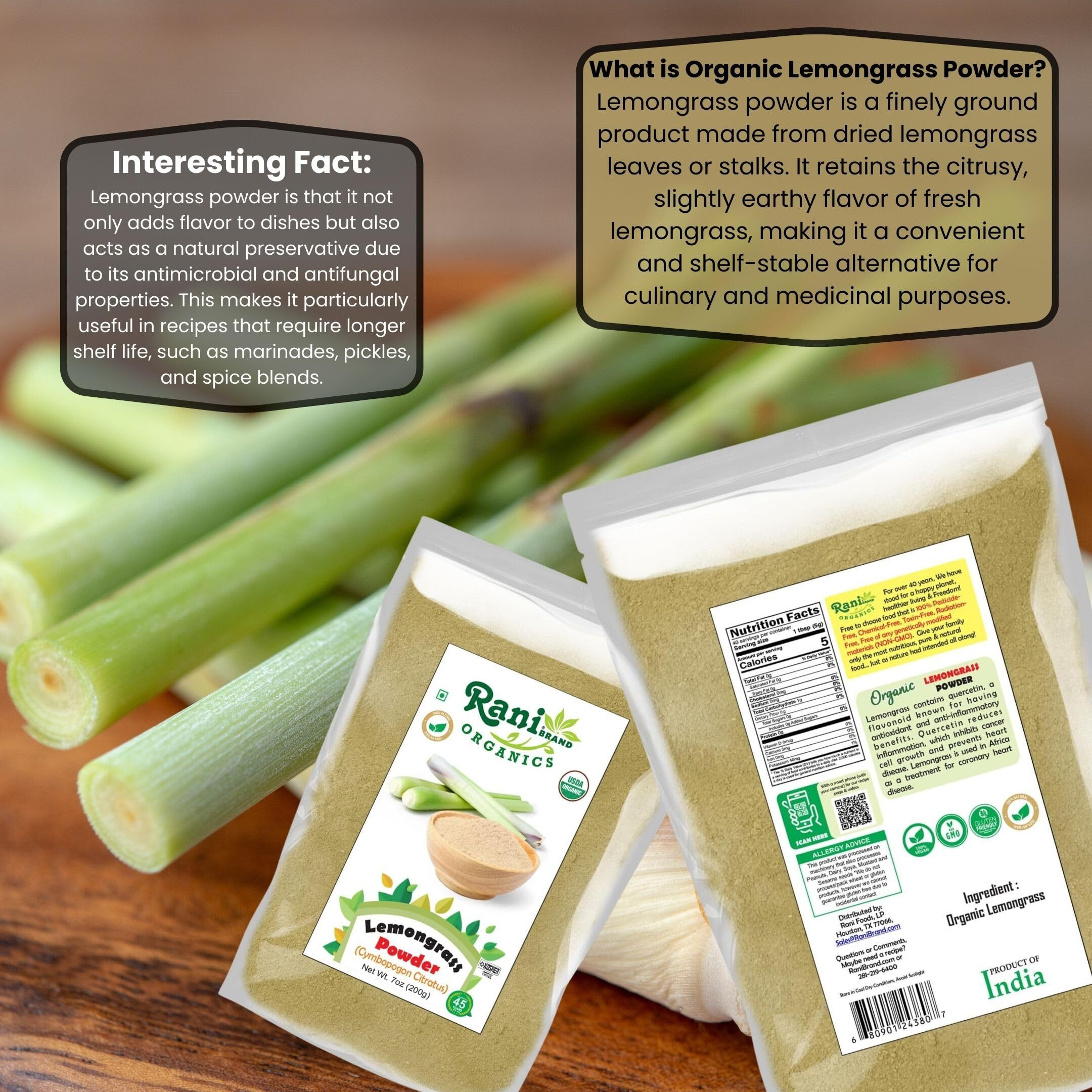 Rani Organic Lemongrass Powder (Cymbopogon Citratus) 7oz (200g) ~ All Natural, No Color, Gluten Friendly, Vegan, Non-GMO, Kosher, No Salt or fillers, Indian Origin, USDA Organic Certified