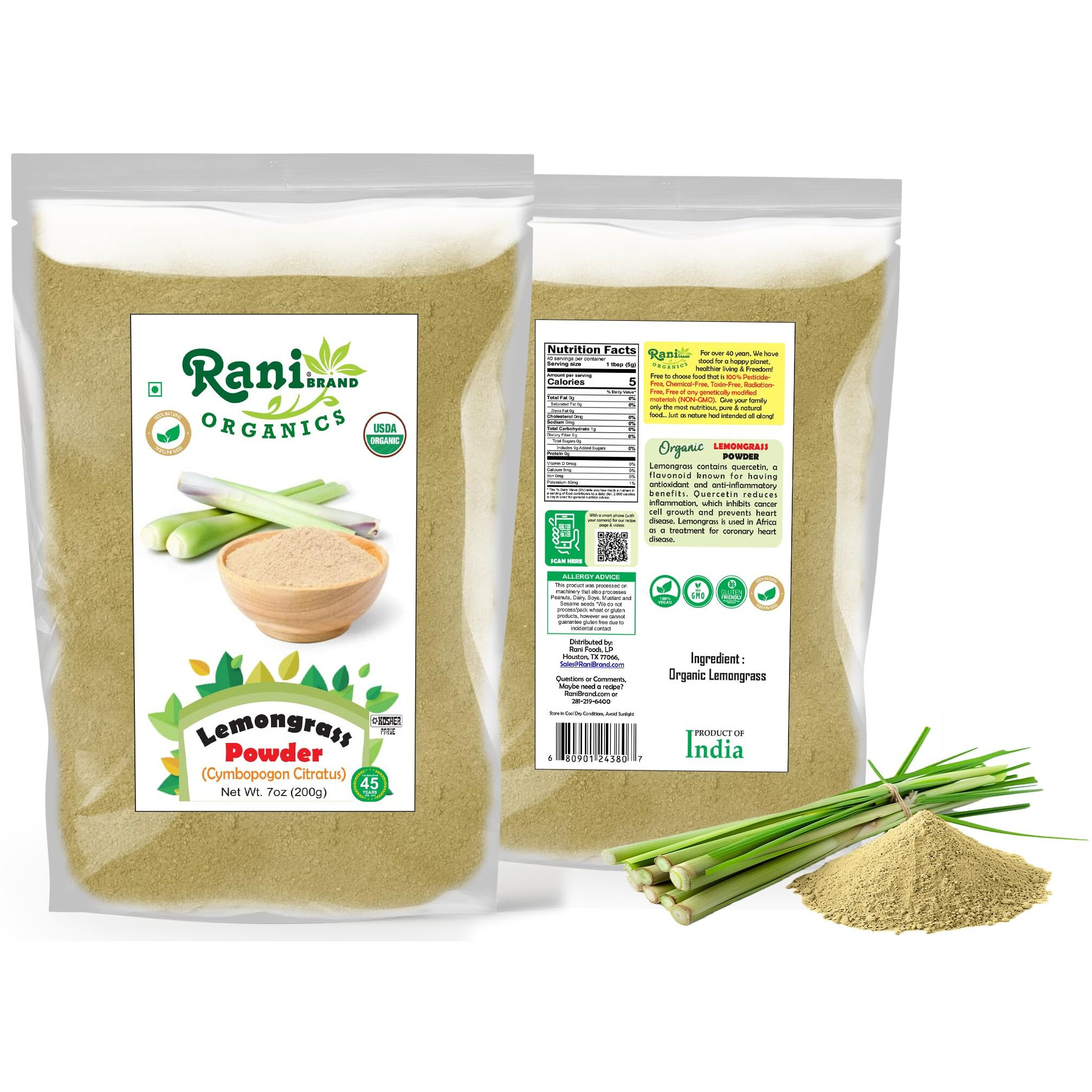 Rani Organic Lemongrass Powder (Cymbopogon Citratus) 7oz (200g) ~ All Natural, No Color, Gluten Friendly, Vegan, Non-GMO, Kosher, No Salt or fillers, Indian Origin, USDA Organic Certified