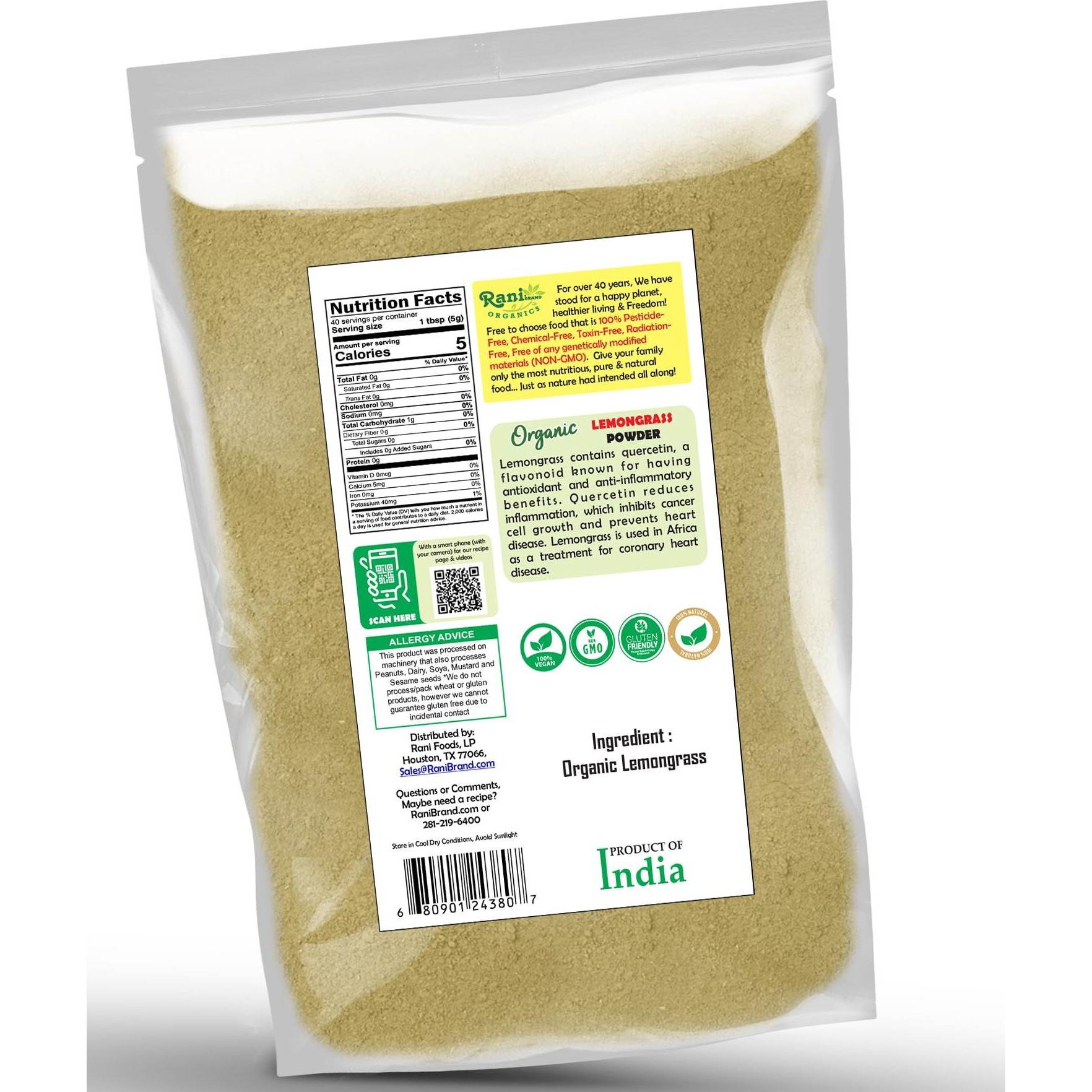Rani Organic Lemongrass Powder (Cymbopogon Citratus) 7oz (200g) ~ All Natural, No Color, Gluten Friendly, Vegan, Non-GMO, Kosher, No Salt or fillers, Indian Origin, USDA Organic Certified