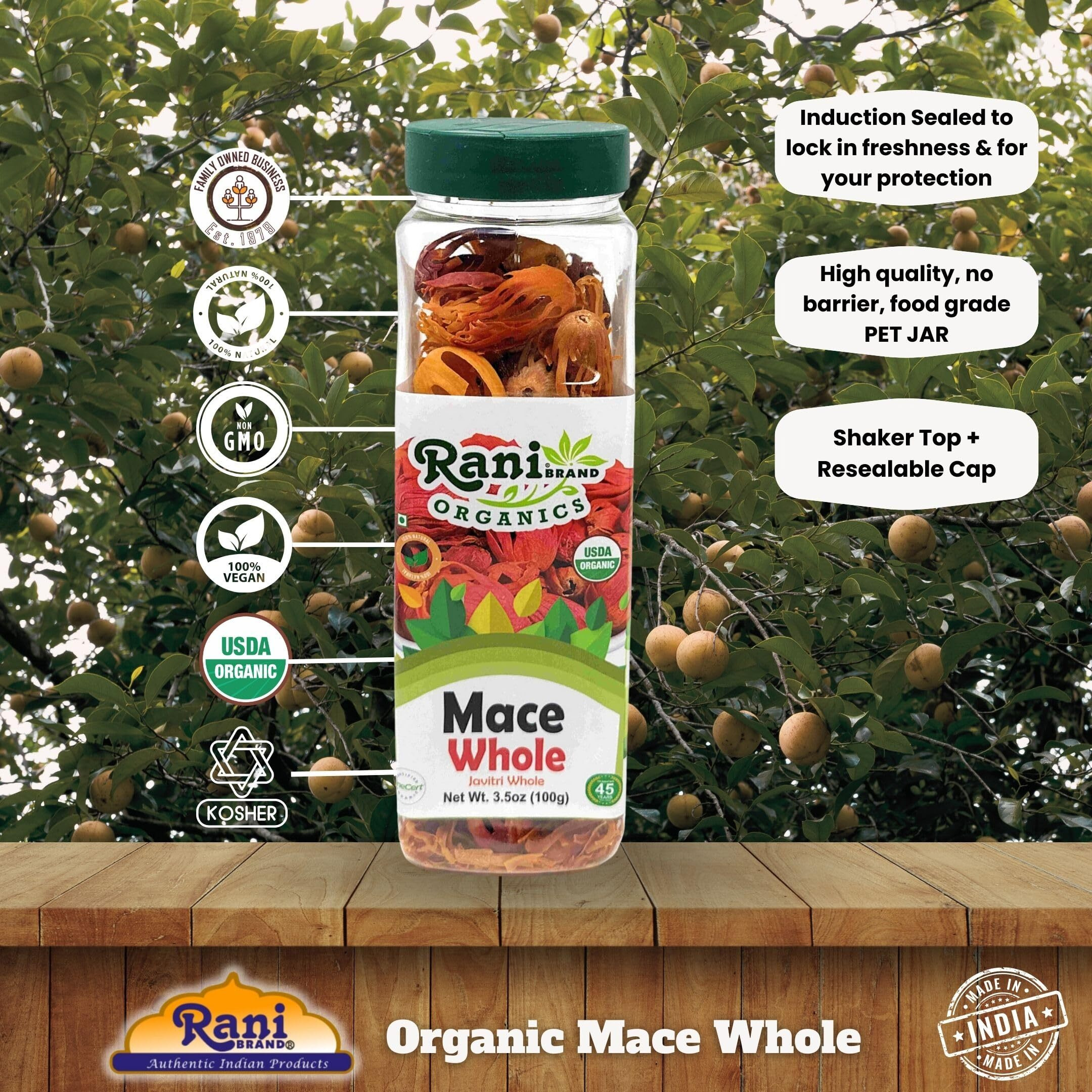Rani Organic Mace Whole (Javathri), Spice 3.5oz (100g) PET Jar ~ All Natural, Vegan, Gluten Friendly, NON-GMO, Kosher, Indian Origin, USDA Certified Organic