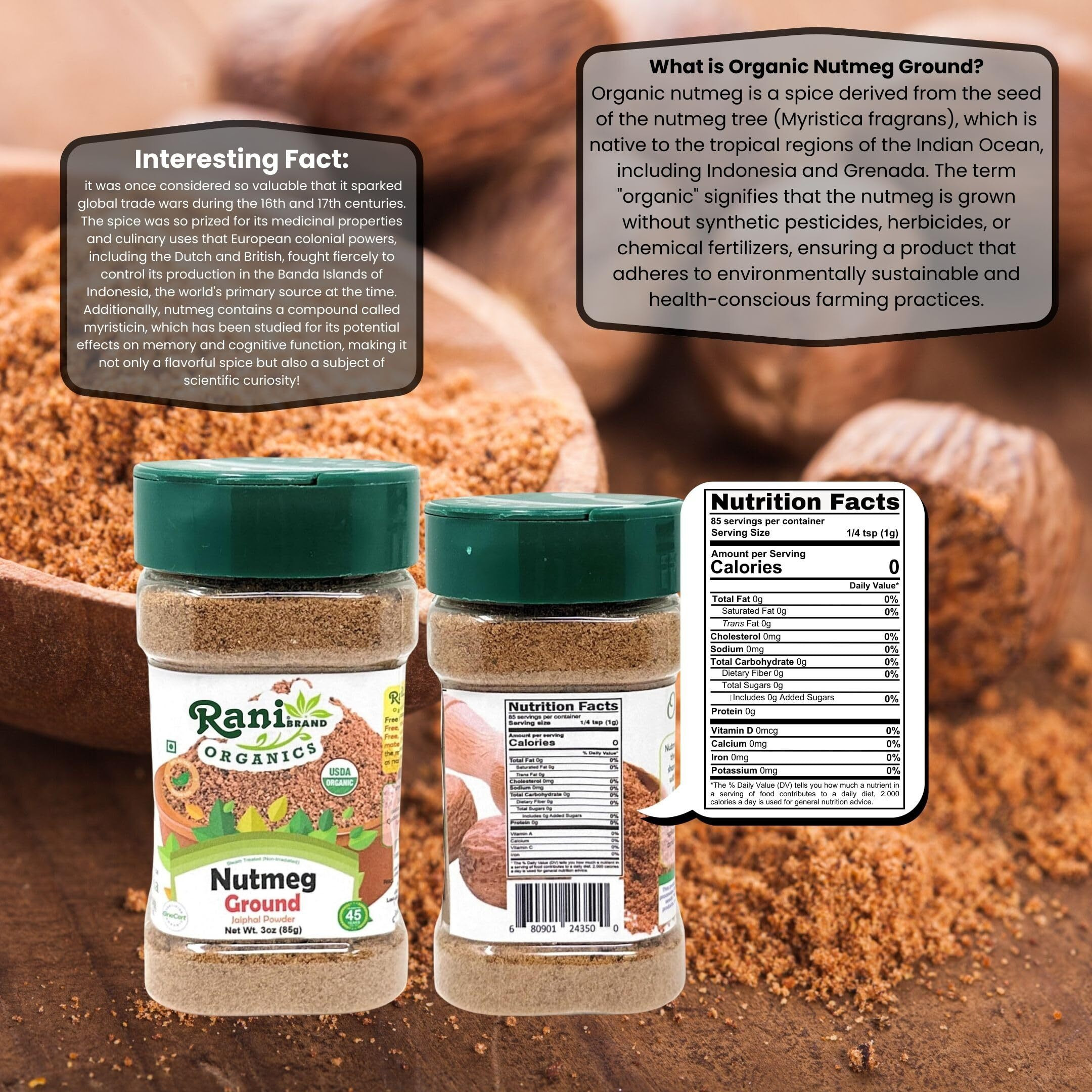 Rani Organic Nutmeg (Jaiphul) Ground Powder Spice 3oz (85g) PET Jar ~ All Natural, Vegan, Gluten Friendly, NON-GMO, Kosher, Indian Origin, USDA Certified Organic