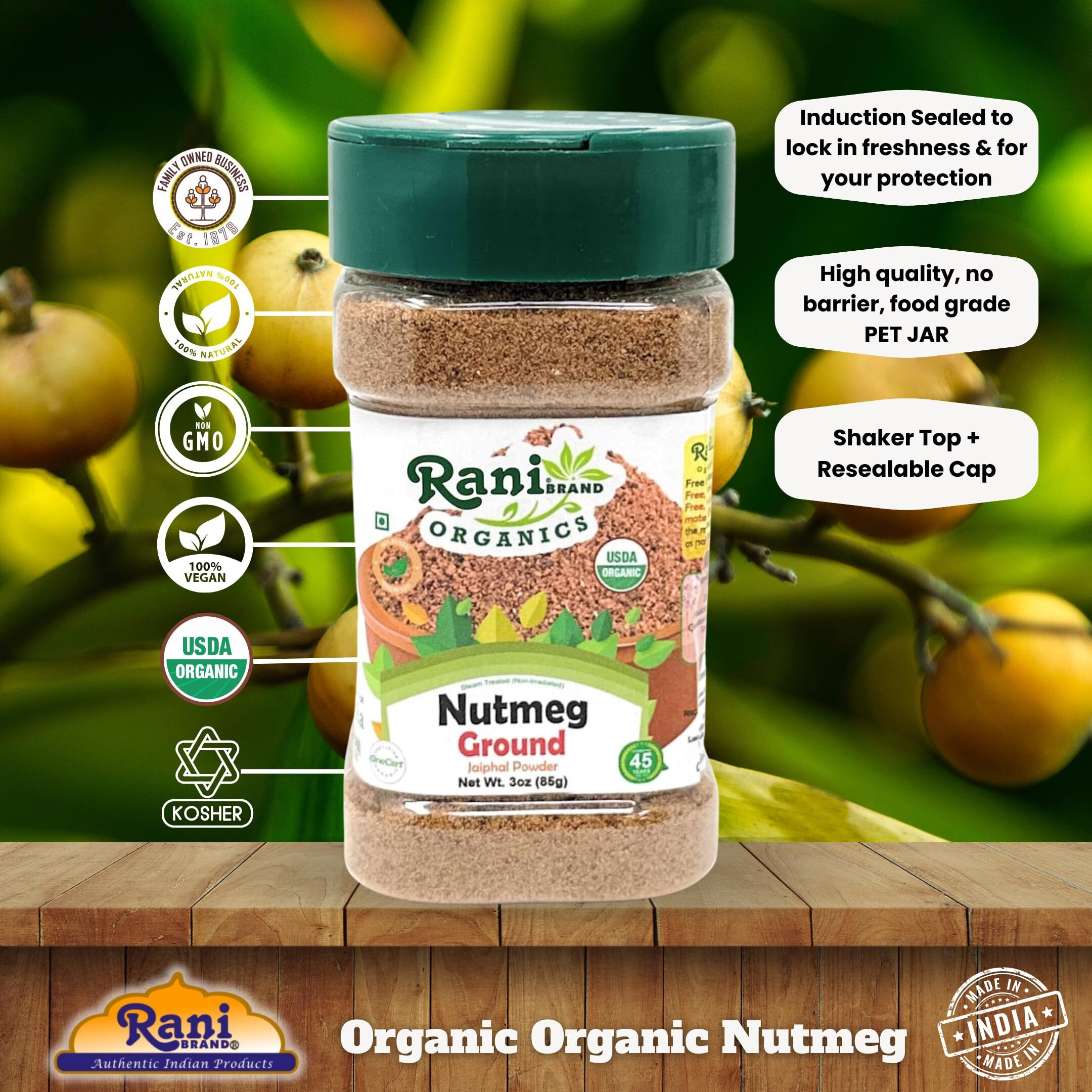 Rani Organic Nutmeg (Jaiphul) Ground Powder Spice 3oz (85g) PET Jar ~ All Natural, Vegan, Gluten Friendly, NON-GMO, Kosher, Indian Origin, USDA Certified Organic