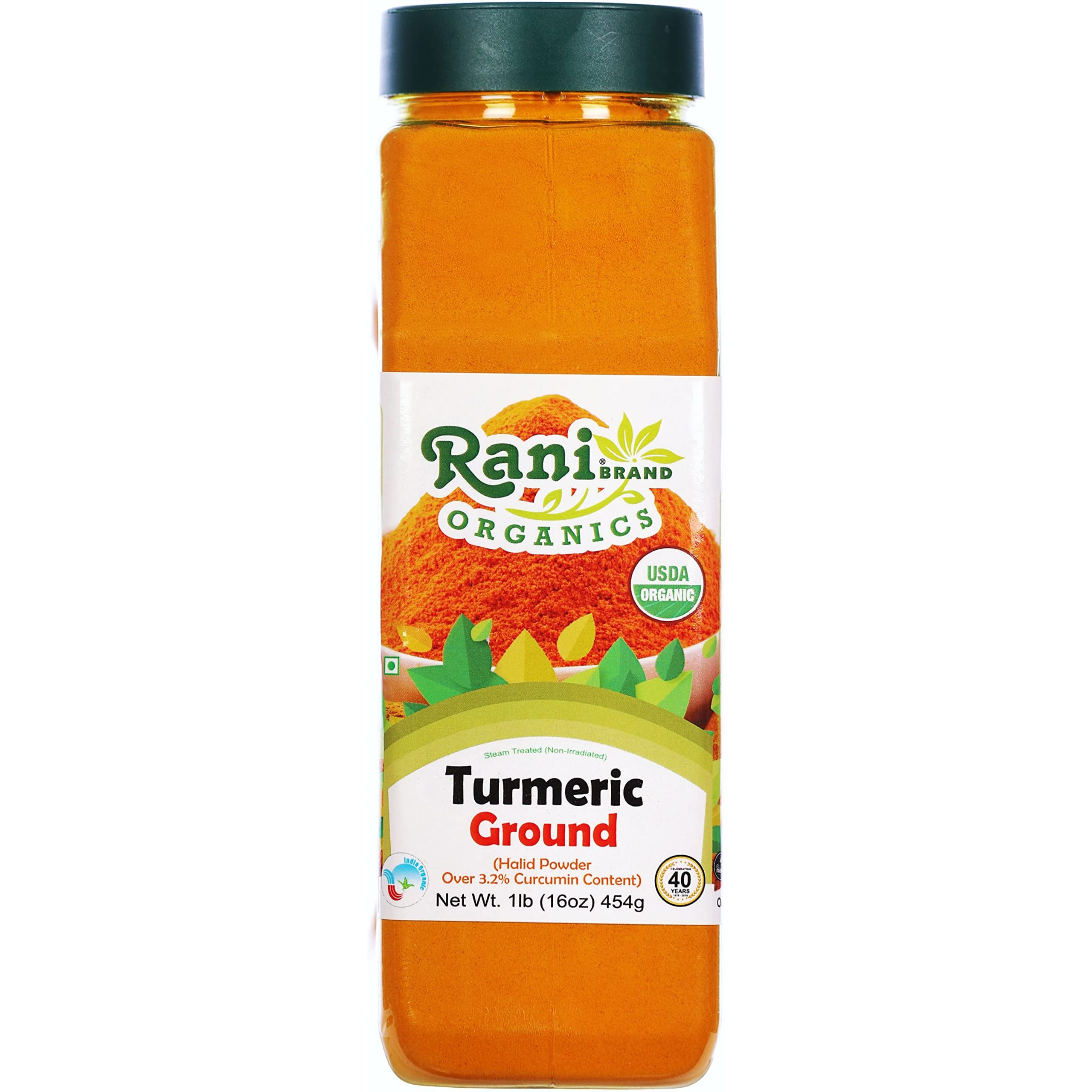 Rani Organic Turmeric (Haldi) Root Powder Spice, (High Curcumin Content) 16oz (1lb) 454g PET Jar ~ All Natural, Vegan, Gluten Friendly, NON-GMO, Indian Origin, USDA Certified Organic