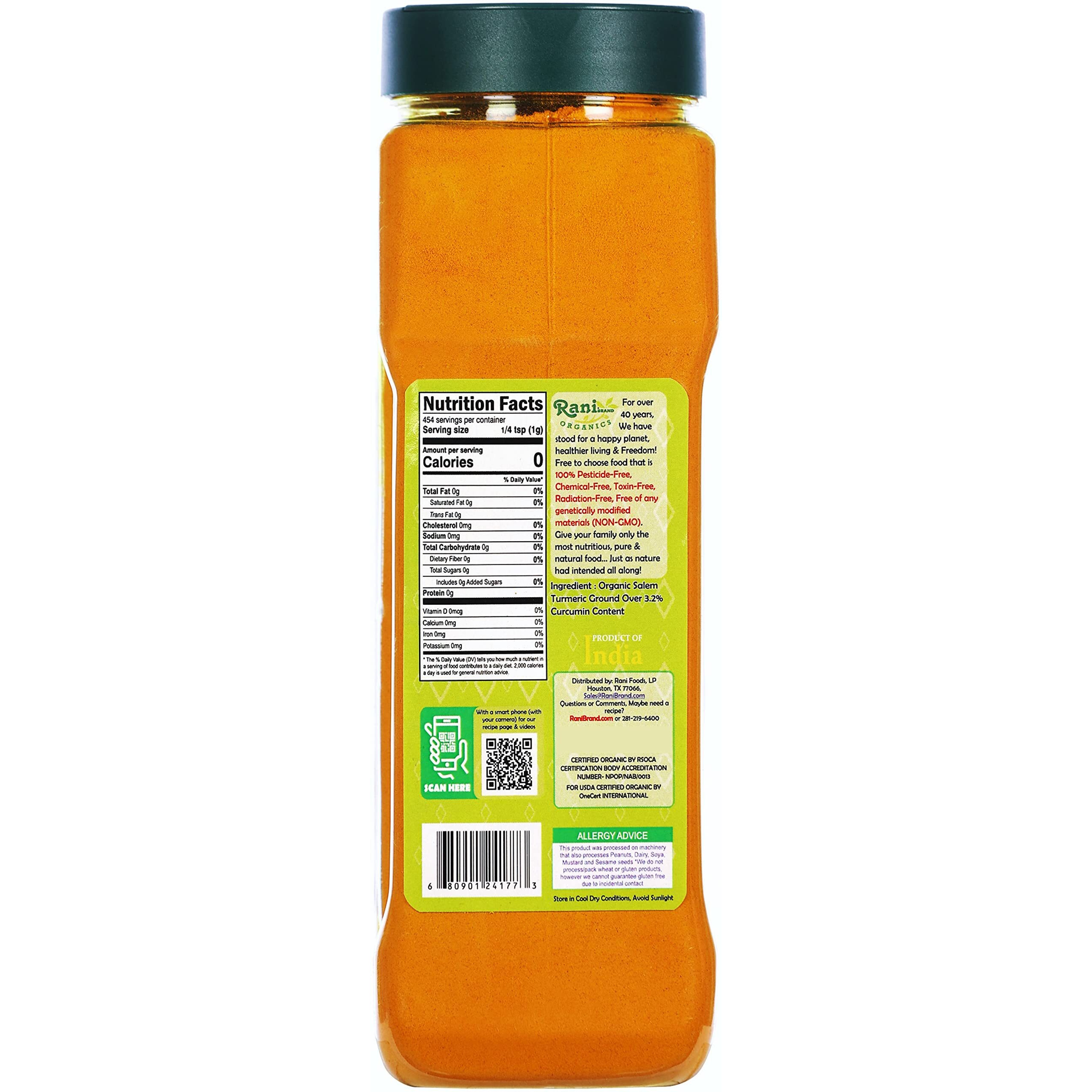 Rani Organic Turmeric (Haldi) Root Powder Spice, (High Curcumin Content) 16oz (1lb) 454g PET Jar ~ All Natural, Vegan, Gluten Friendly, NON-GMO, Indian Origin, USDA Certified Organic