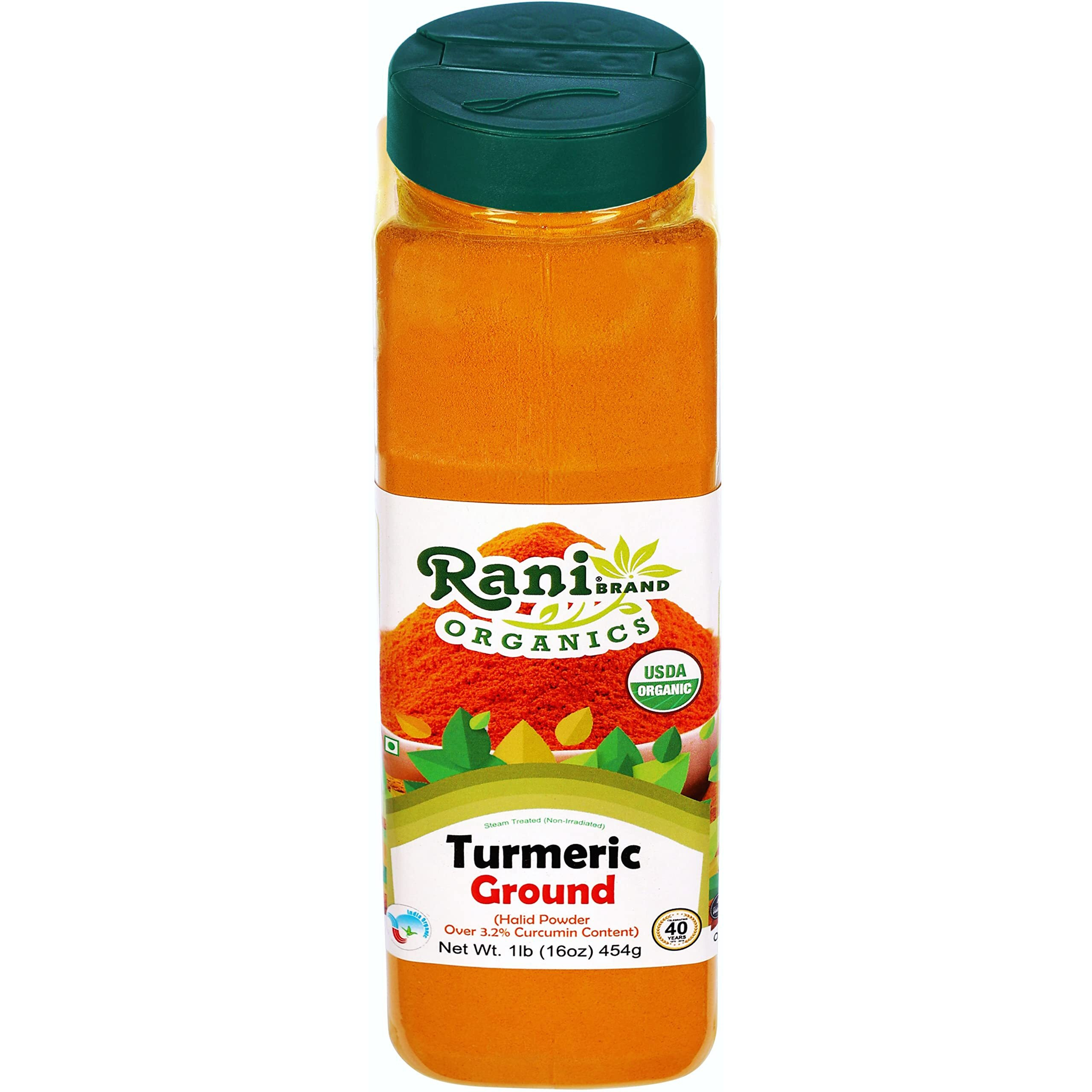 Rani Organic Turmeric (Haldi) Root Powder Spice, (High Curcumin Content) 16oz (1lb) 454g PET Jar ~ All Natural, Vegan, Gluten Friendly, NON-GMO, Indian Origin, USDA Certified Organic