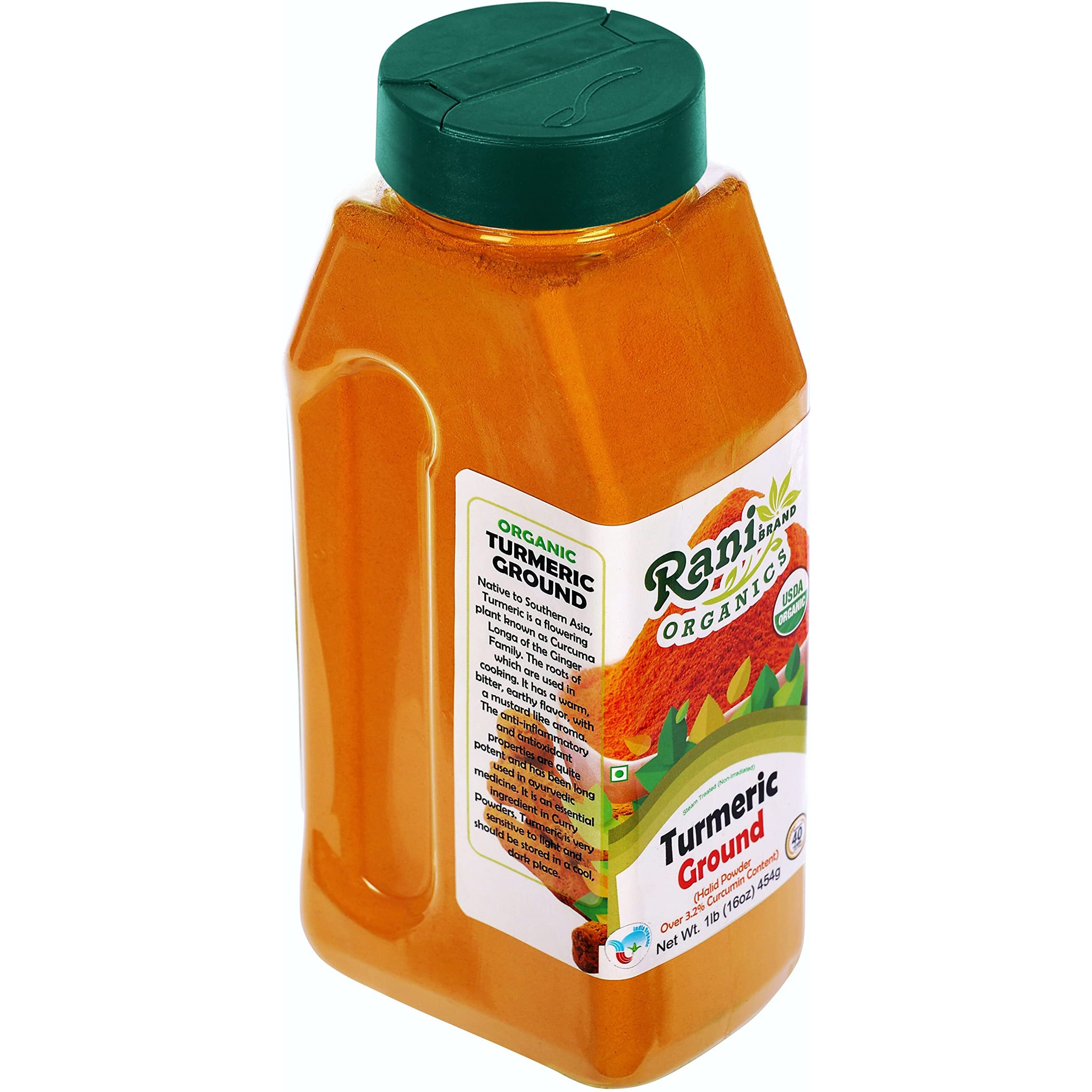 Rani Organic Turmeric (Haldi) Root Powder Spice, (High Curcumin Content) 16oz (1lb) 454g PET Jar ~ All Natural, Vegan, Gluten Friendly, NON-GMO, Indian Origin, USDA Certified Organic