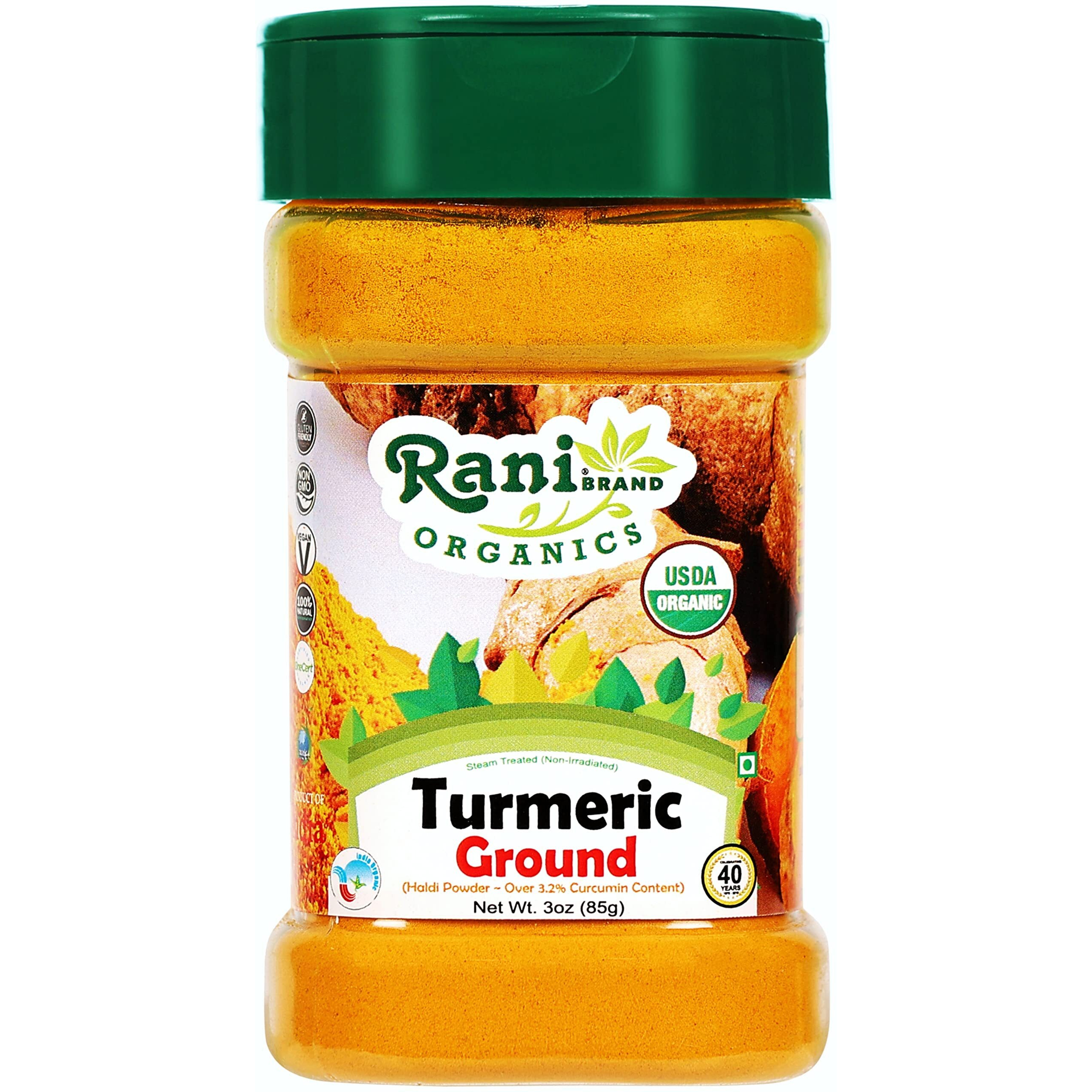 Rani Organic Turmeric (Haldi) Root Powder Spice, (High Curcumin Content) 3oz (85g) PET Jar ~ All Natural, Vegan, Gluten Friendly, NON-GMO, Indian Origin, USDA Certified Organic