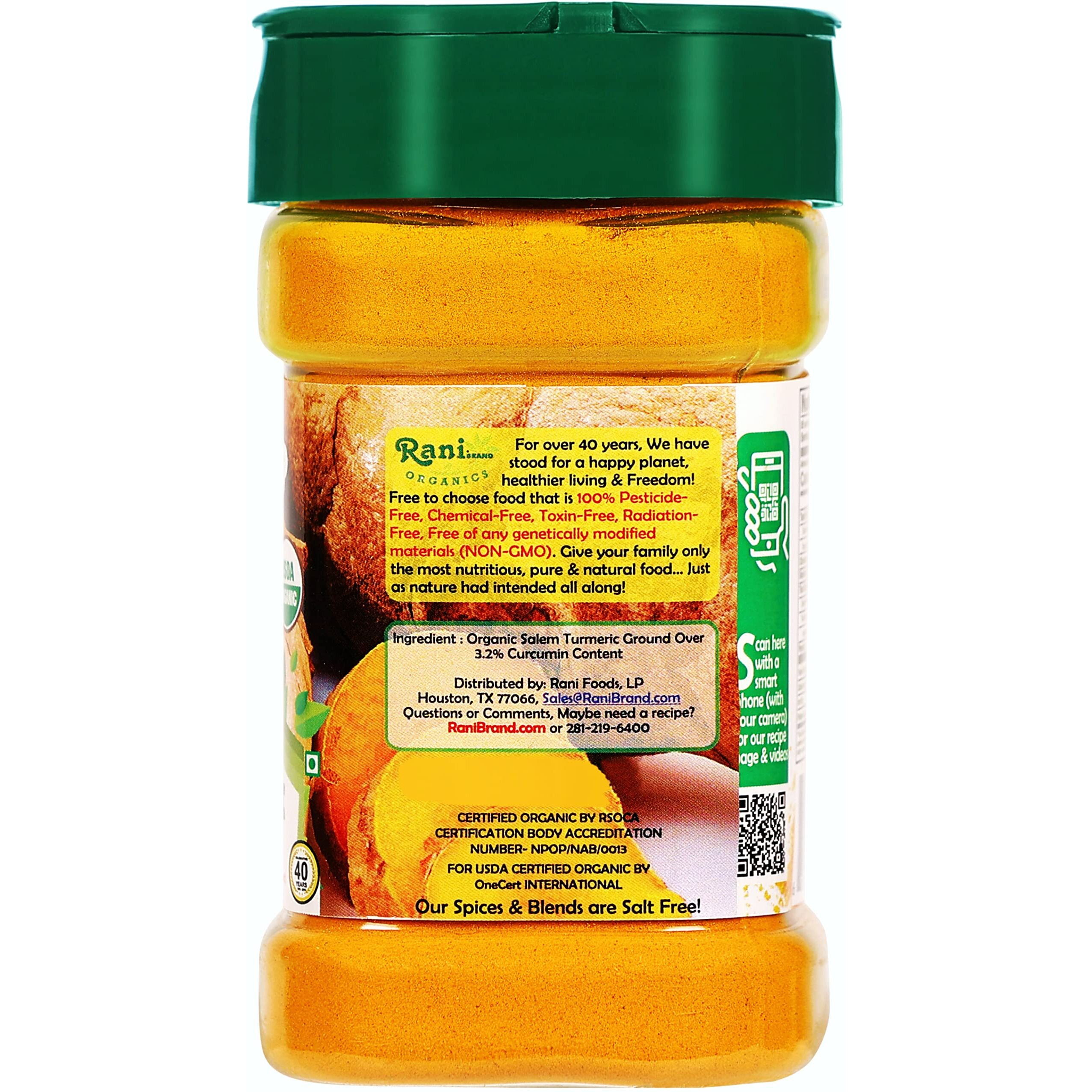Rani Organic Turmeric (Haldi) Root Powder Spice, (High Curcumin Content) 3oz (85g) PET Jar ~ All Natural, Vegan, Gluten Friendly, NON-GMO, Indian Origin, USDA Certified Organic