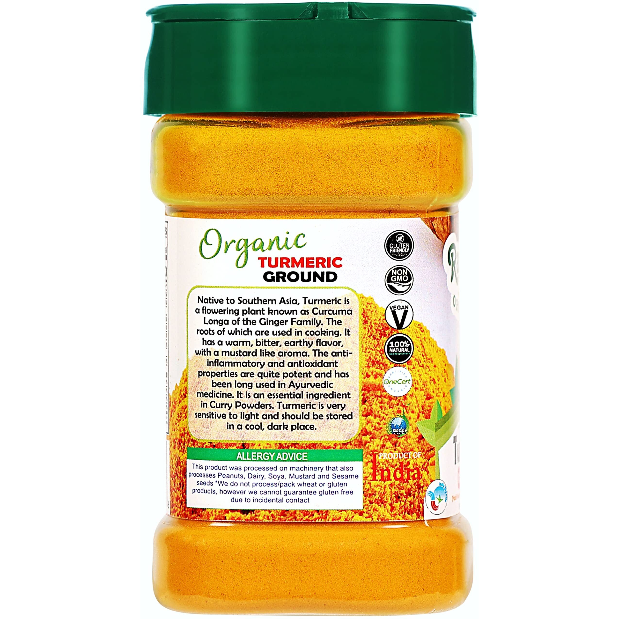 Rani Organic Turmeric (Haldi) Root Powder Spice, (High Curcumin Content) 3oz (85g) PET Jar ~ All Natural, Vegan, Gluten Friendly, NON-GMO, Indian Origin, USDA Certified Organic